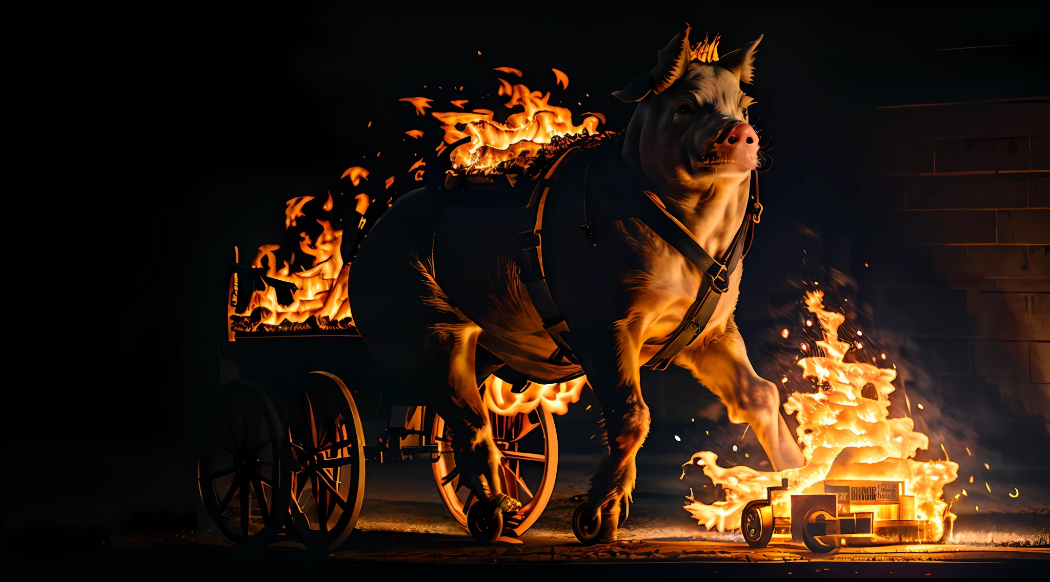 An epic action movie, a pig standing in a wheelchair with its head on fire, chains, standing ((wheelchair with glowing orange wheels)), galloping through the dark city streets, leaving a series of fires. 1 pig, spark, ember, high resolution, high resolution, sharp focus, detail, film, artistic shadow, HDR.