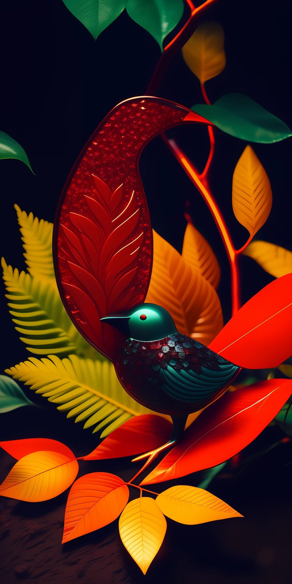 Close-up of a full body red glass bird over plant leaves, high quality details saturated with color amid the darkness of a cinematic night