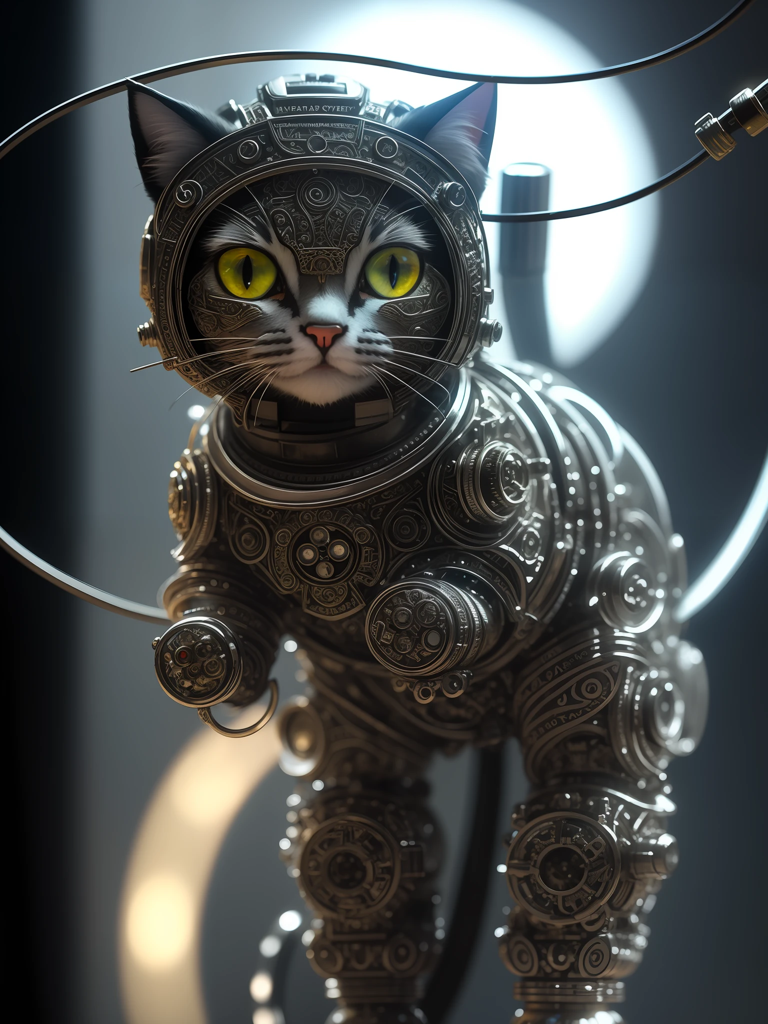 A cute kitten made of metal, (cyborg:1.1), ([tail|detailed wire]:1.3), (intricate detail), hdr, (intricate detail, hyperdetailed:1.2), cine footage, halo shadow, centered