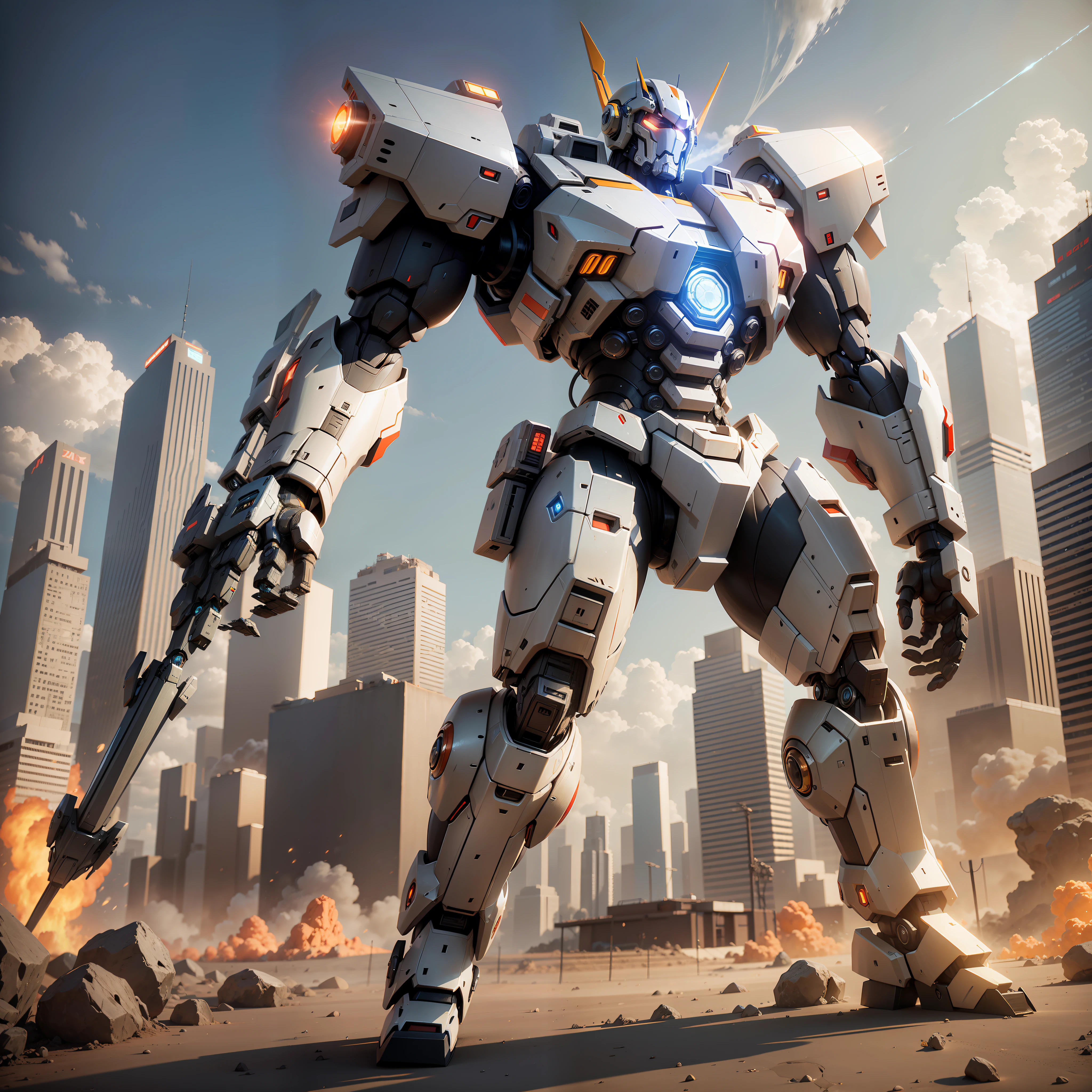 A humanoid mecha combining a mecha body and an old man, 3D rendering, cinematic lighting effects