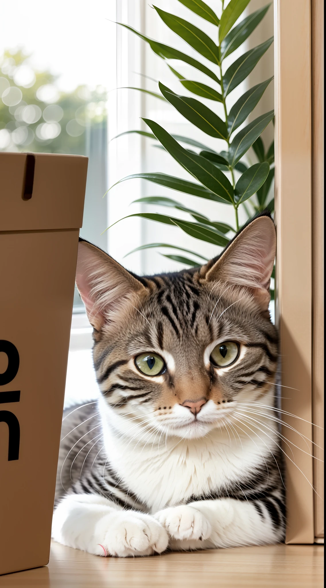 RAW photo, ridiculous, high quality, realism, portrait of a cat looking at the viewer, cute, interior, desk, photo realism, super fine, 50 mm, f1. 4, 8K UHD, film grain