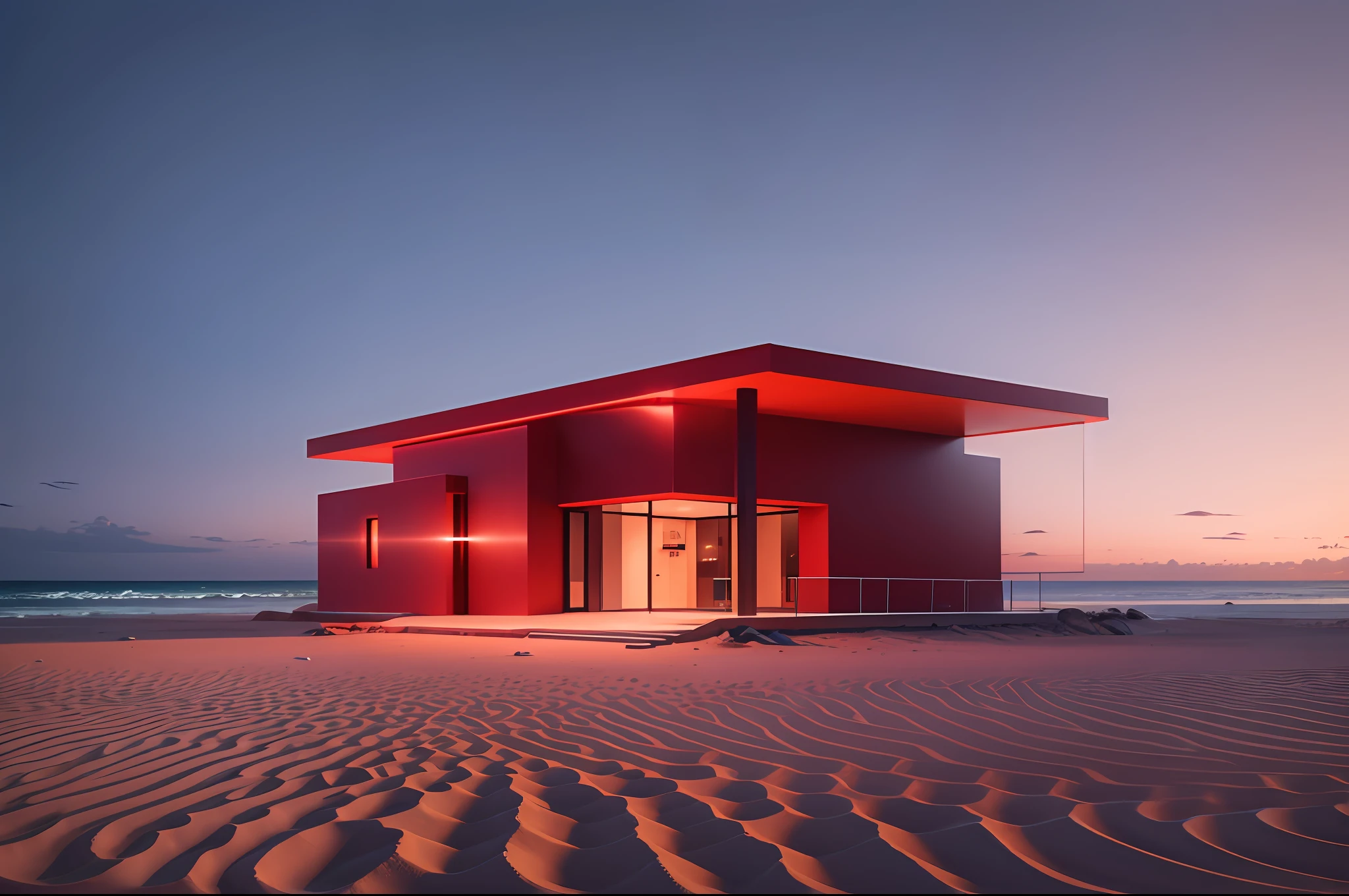 a futuristic red house on the edge of a beach, 8k, uhd, severe low lighting, high quality, sharp focus, fujifilm XT3 --auto --s2