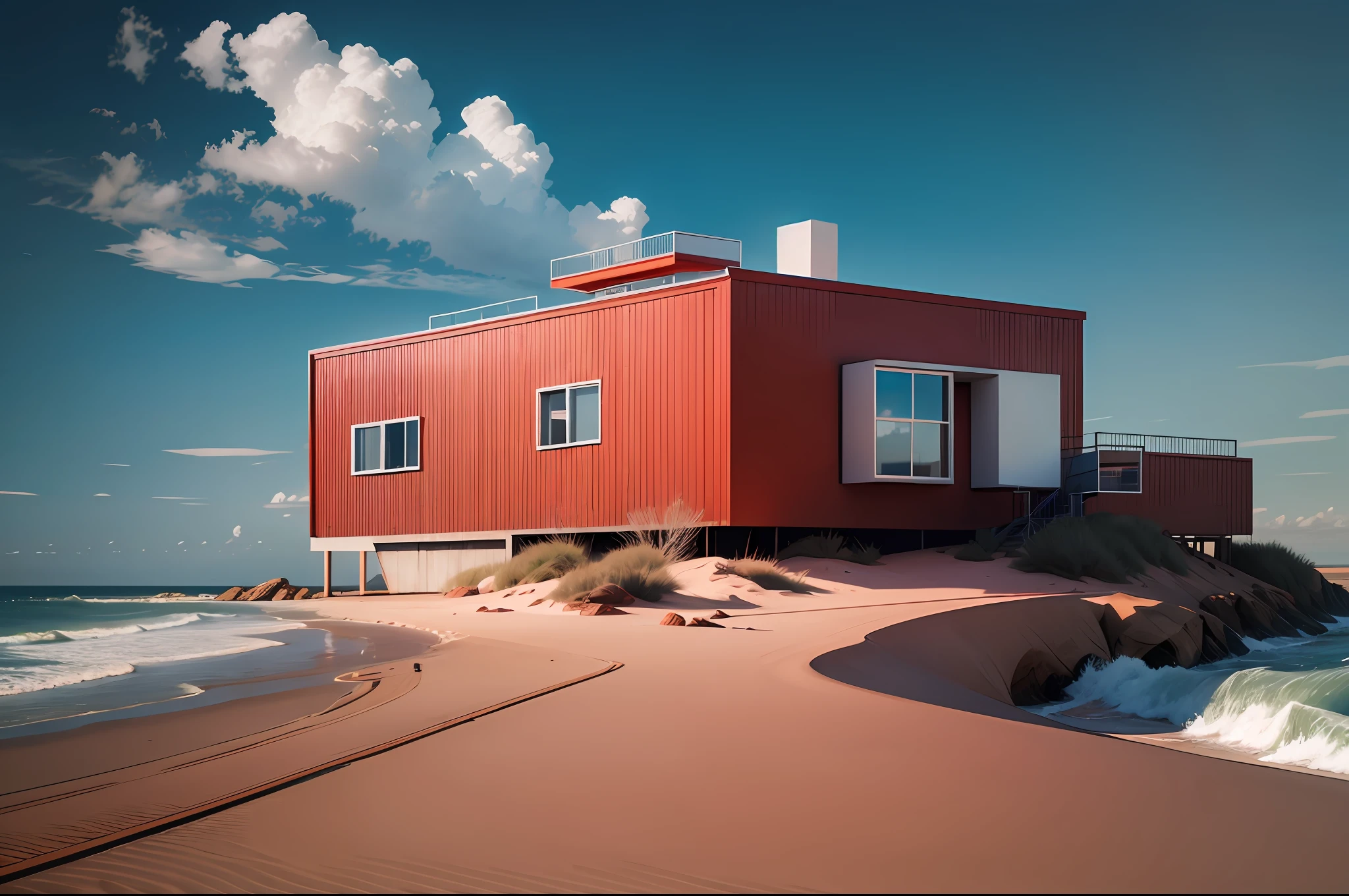 a futuristic red house on the edge of a beach, 8k, uhd, severe low lighting, high quality, sharp focus, fujifilm XT3 --auto --s2