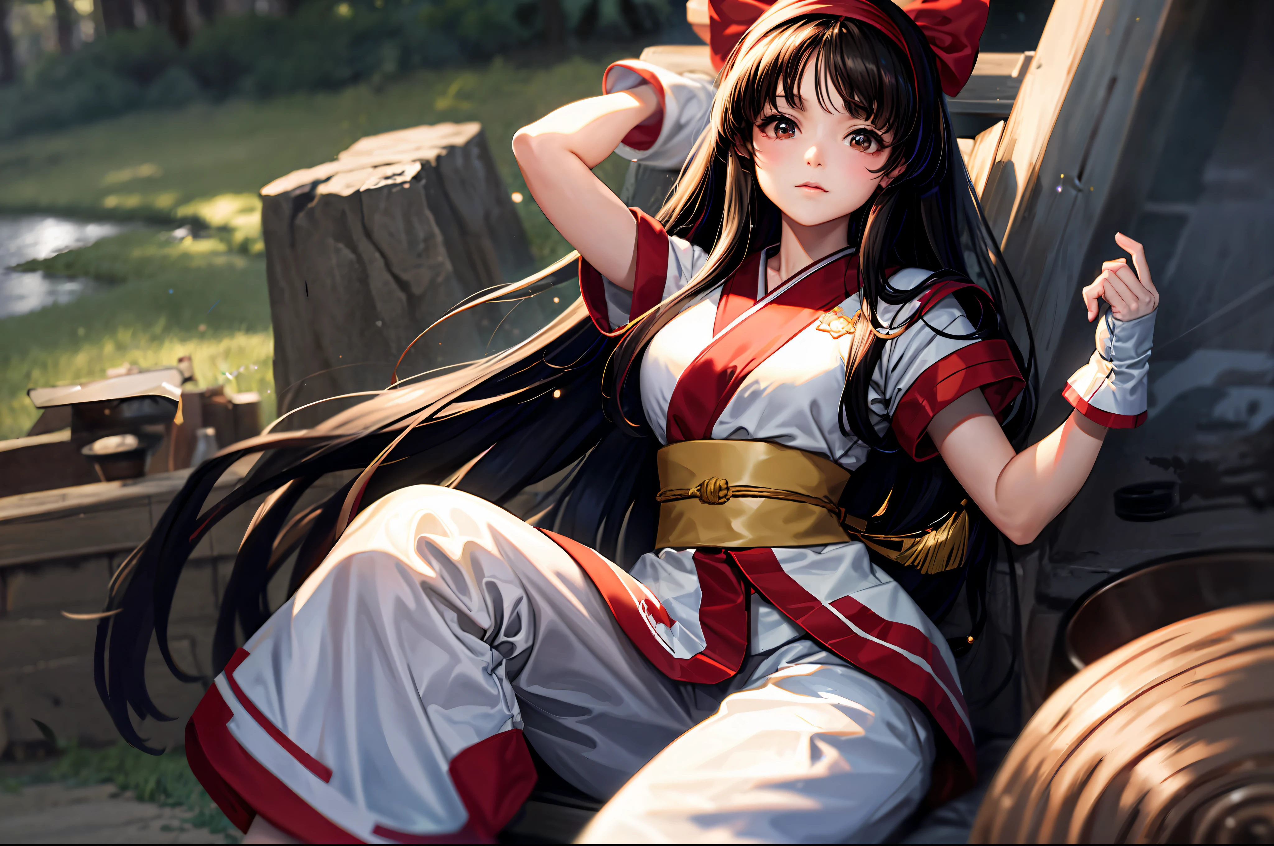 masterpiece, best quality,1girl, nakorurums, red bow, bow, long hair, hair bow, ainu clothes, solo, hairband, black hair, fingerless gloves, short sleeves, gloves, sash, bangs, red hairband, breasts, brown eyes, white pants, japanese clothes, masterpiece, (sparkle: 1.3), relax, (illustration: 1.5), (brush), sitting