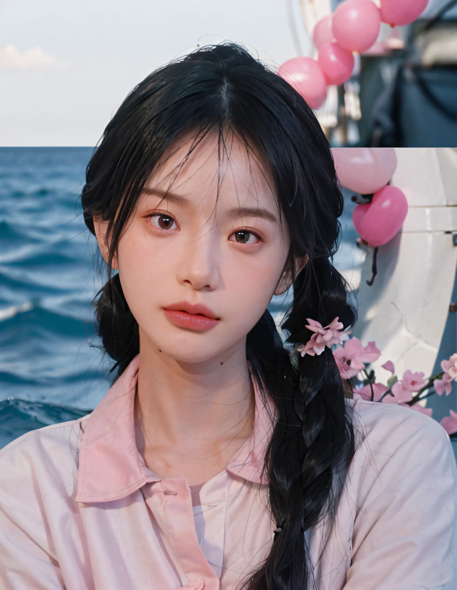 8k, RAW Photo, Best Quality, Masterpiece, High Detail RAW Color Photo, Professional Photo, (Realistic, Photorealistic Photorealism: 1.37), (High Detail Skin: 1.2), High Resolution, Beautiful Detailed Eyes, (Hard Focus: 1.4), (Clear Focus: 1.4), Realistic, (8K UHD:1.2), realistic high-quality shadows, pouty lips, slender face, (wavy hair), semi-top knot, gray-blue braids, pink eye color, suggestive appearance, (extreme face close-up), pov, ((depth of field)), pale and shiny skin, nine-collar shirt, 30 years old, buruma, pink white clouds by the sea, bokeh, lens flare, (vignetting: 0.8), dramatic lighting, cinematic lighting, backlighting, professional lighting, physically based rendering, ulzzang-6500-v1.1,pureerosface_v1。