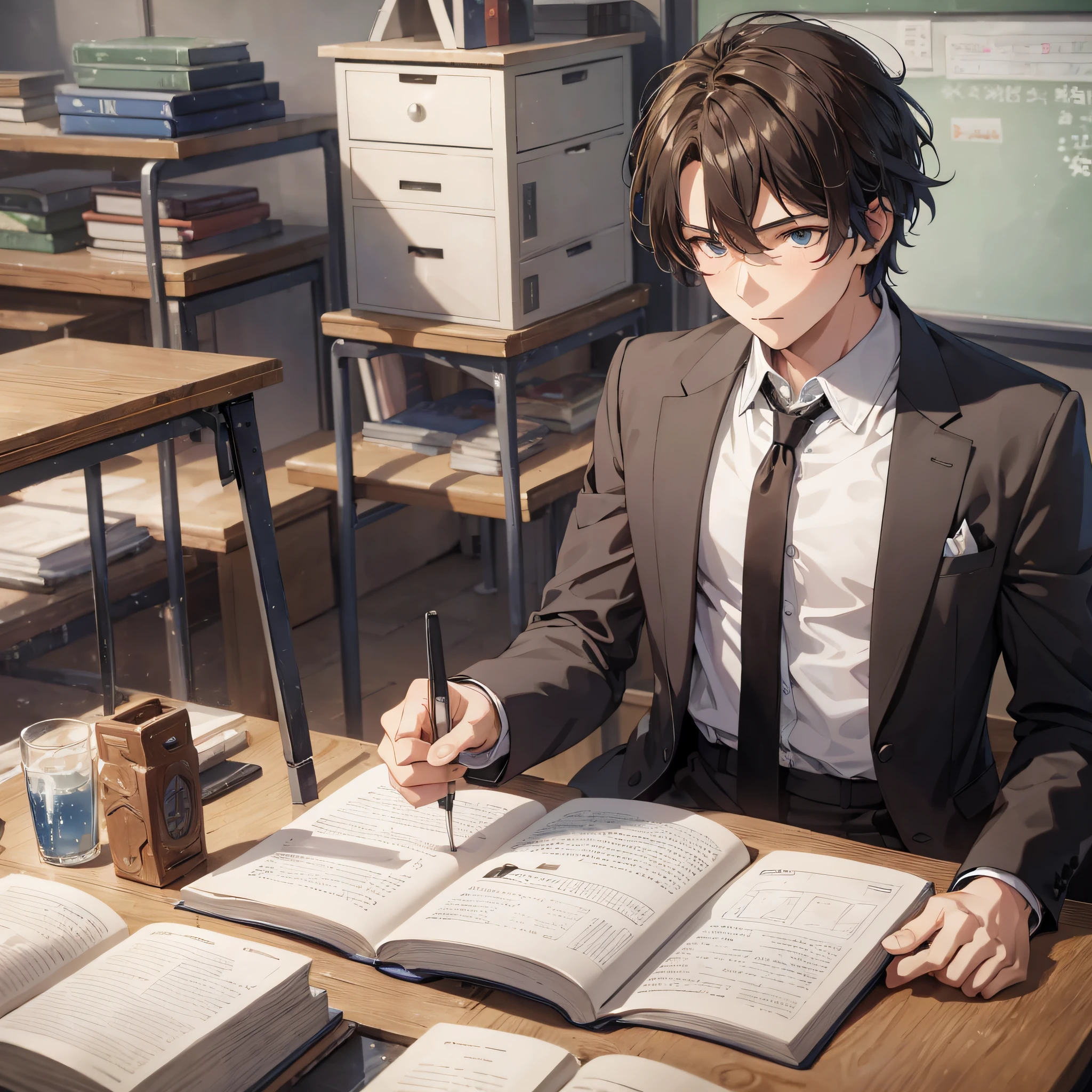 Awakening Ritual, Absurd Resolution, High Resolution, (Masterpiece: 1.4), Hyperdetail, 1boy, Mature Man, Brunette Man, High School Student Dressup, Classroom, Upper Body Display, Single, Shocked Expression