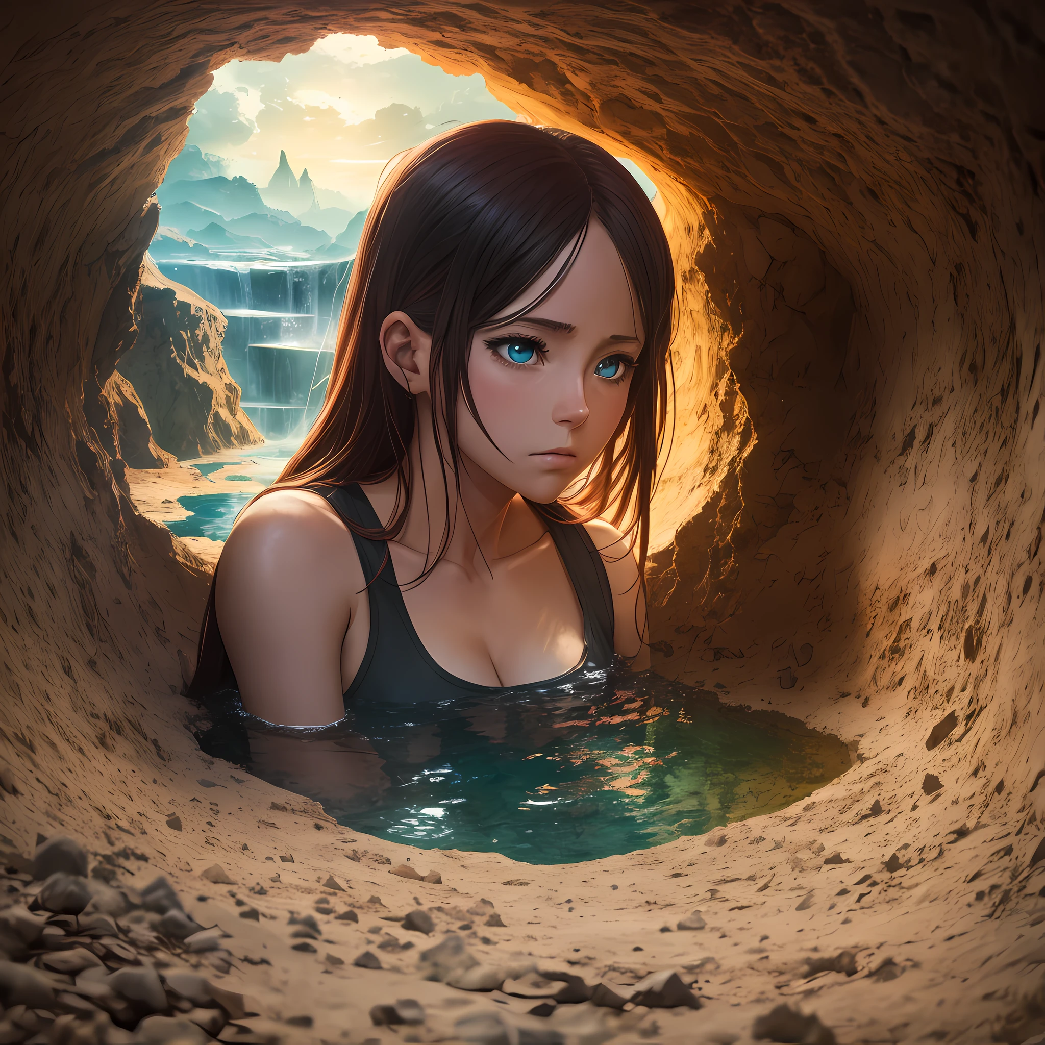 1girl, anime key visual, landscape of a Tender Bruma from inside of a Sinkhole, at Golden hour, Angry, stonepunk, short lighting, Cinestill, behance HD, layered textures