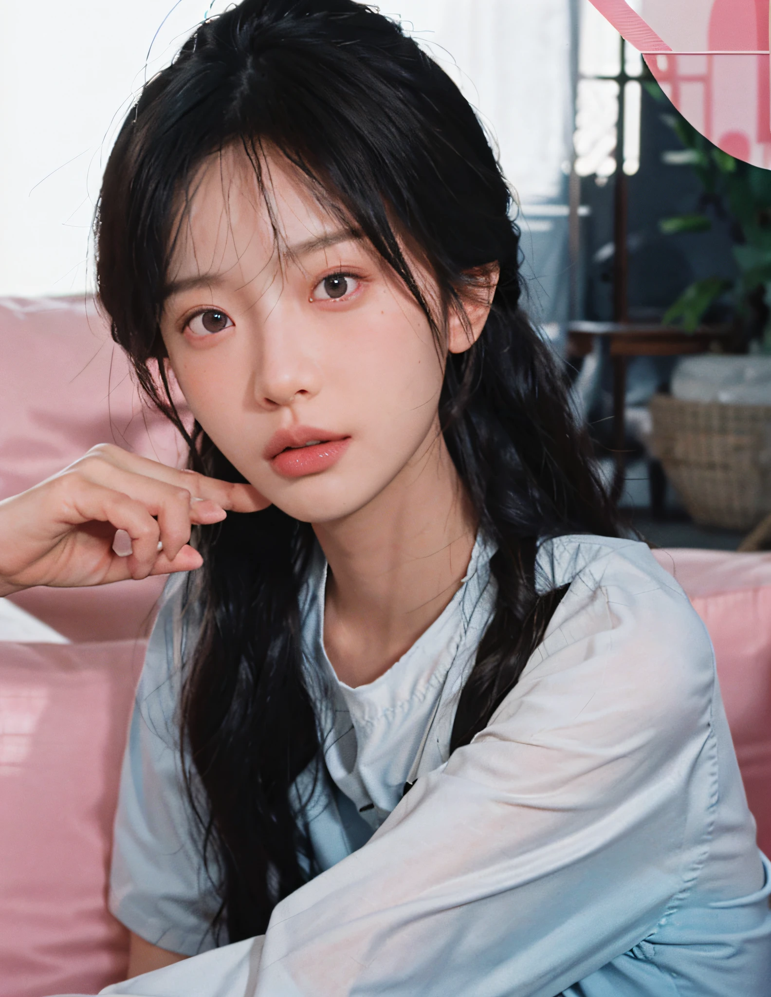 8k, RAW Photo, Best Quality, Masterpiece, High Detail RAW Color Photo, Professional Photo, (Realistic, Photorealistic Photorealism: 1.37), (High Detail Skin: 1.2), High Resolution, Beautiful Detailed Eyes, (Hard Focus: 1.4), (Clear Focus: 1.4), Realistic, (8K UHD:1.2), realistic high-quality shadows, pouty lips, slender face, (wavy hair), semi-top knot, gray-blue braids, pink eye color, suggestive appearance, (extreme face close-up), pov, ((depth of field)), pale and shiny skin, nine-collar shirt, 30 years old, buruma, pink white clouds by the sea, bokeh, lens flare, (vignetting: 0.8), dramatic lighting, cinematic lighting, backlighting, professional lighting, physically based rendering, ulzzang-6500-v1.1，pureerosface_v1。