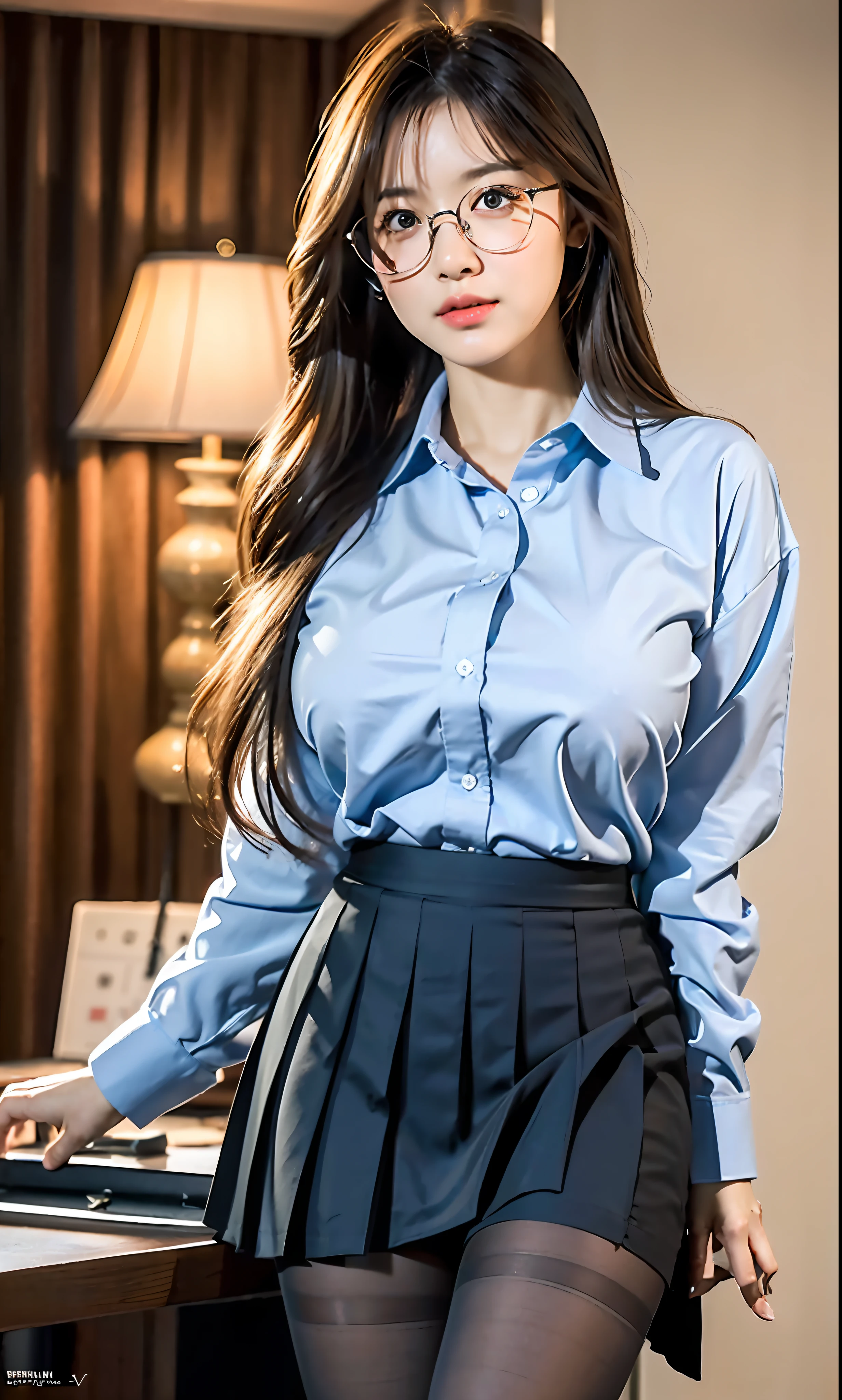 ulzzang-6500-v1.1, (raw photo:1.2), (photorealistic:1.4), beautiful detailed girl, very detailed eyes and face, beautiful detailed eyes, ridiculous, incredibly ridiculous, huge file size, super detailed, high resolution, very detailed, best quality, masterpiece, ((light blue shirt)), illustration, very detailed, CG, unified, 8k wallpaper, amazing, fine details, masterpiece, Best quality, very detailed CG unified 8k wallpaper, face light, movie lighting, 1girl, , long white hair, side split, (big breasts), (no panties)), (with glasses), (dynamic pose), (sexy pose), ((camel toe))), (half), ((pantyhose)), ((black hip skirt)), (bent knees)))))