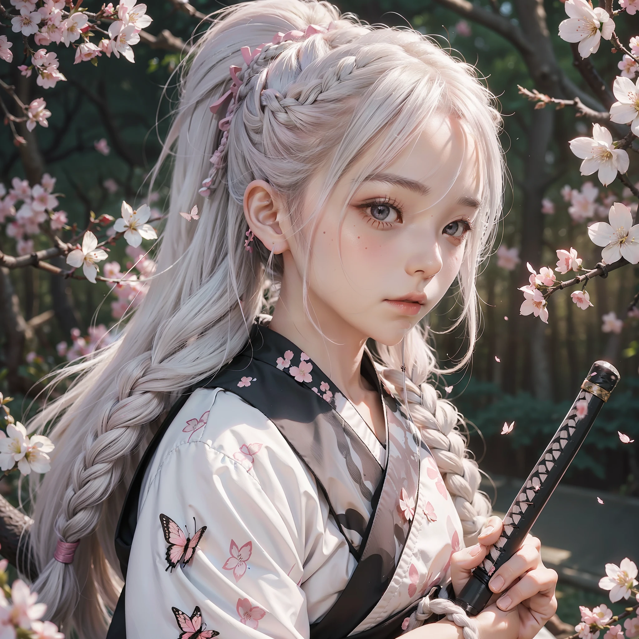 Cute samurai, long ponytail, white hair with flush bangs, cheek hair tied with a small braid of pink butterfly rope, moles under the eyes, movie lighting, holding a katana, full body shot, cherry blossom tree in the background, high resolution, 8k, UHD