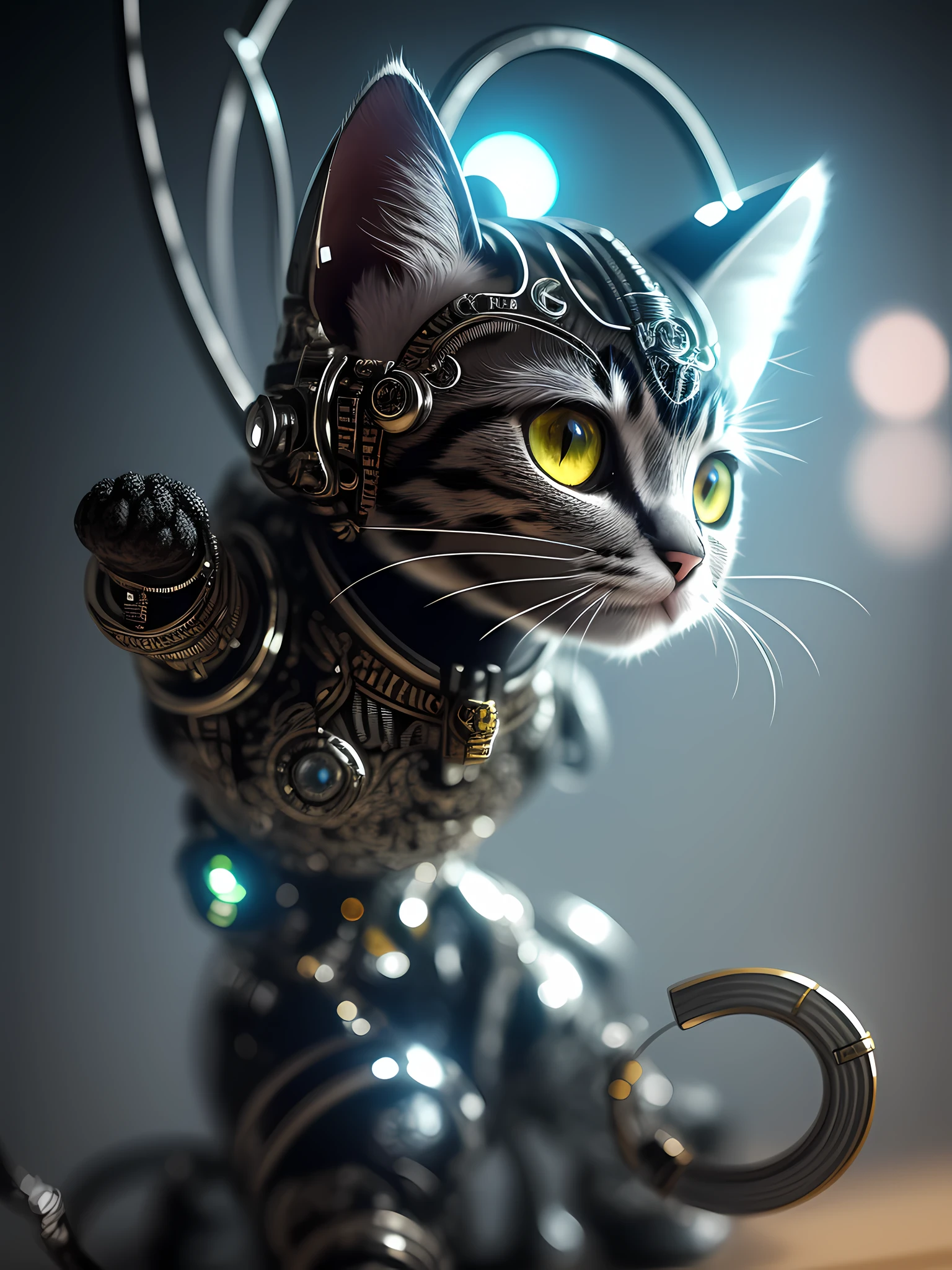 A cute kitten made of metal, (cyborg:1.1), ([tail|detailed wire]:1.3), (intricate detail), hdr, (intricate detail, hyperdetailed:1.2), cine footage, halo shadow, centered