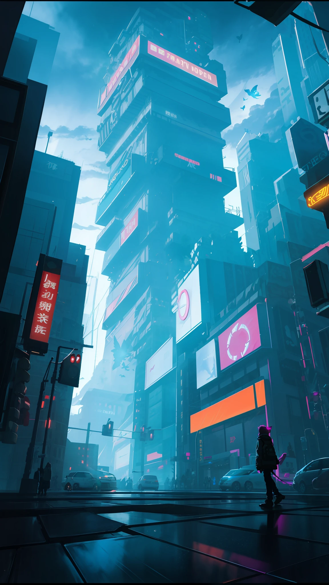 Landscape, highly detailed portrait of a street corner, in a lightning and cloudy storm, neon and cyberpunk background, a butterfly hovering near a street lamp, glowing, backlighting, masterpiece, best quality, intricate details, absurd, Color aberrations, depth of field, professional photography, soft lighting, tone mapping, highly detailed, sharp focus, dramatic lighting, intricate details, film, 8K, incredible shadows, realistic, (highly detailed backgrounds :1.0)