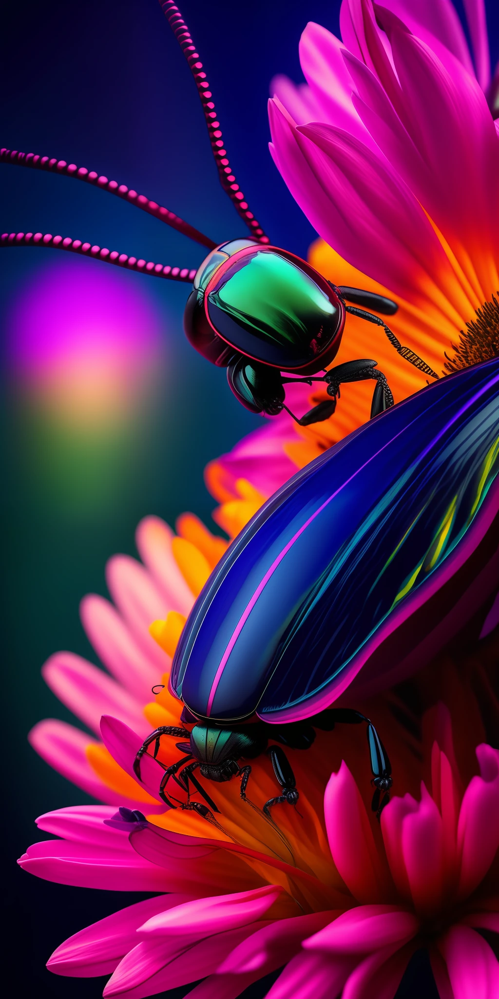 K Close-up of a full body, a beautiful beetle, colored, imaginary, glassy, above the nectar of flowers, with high quality details, saturated with colors, amid the darkness of a cinematic night.  8k 32k