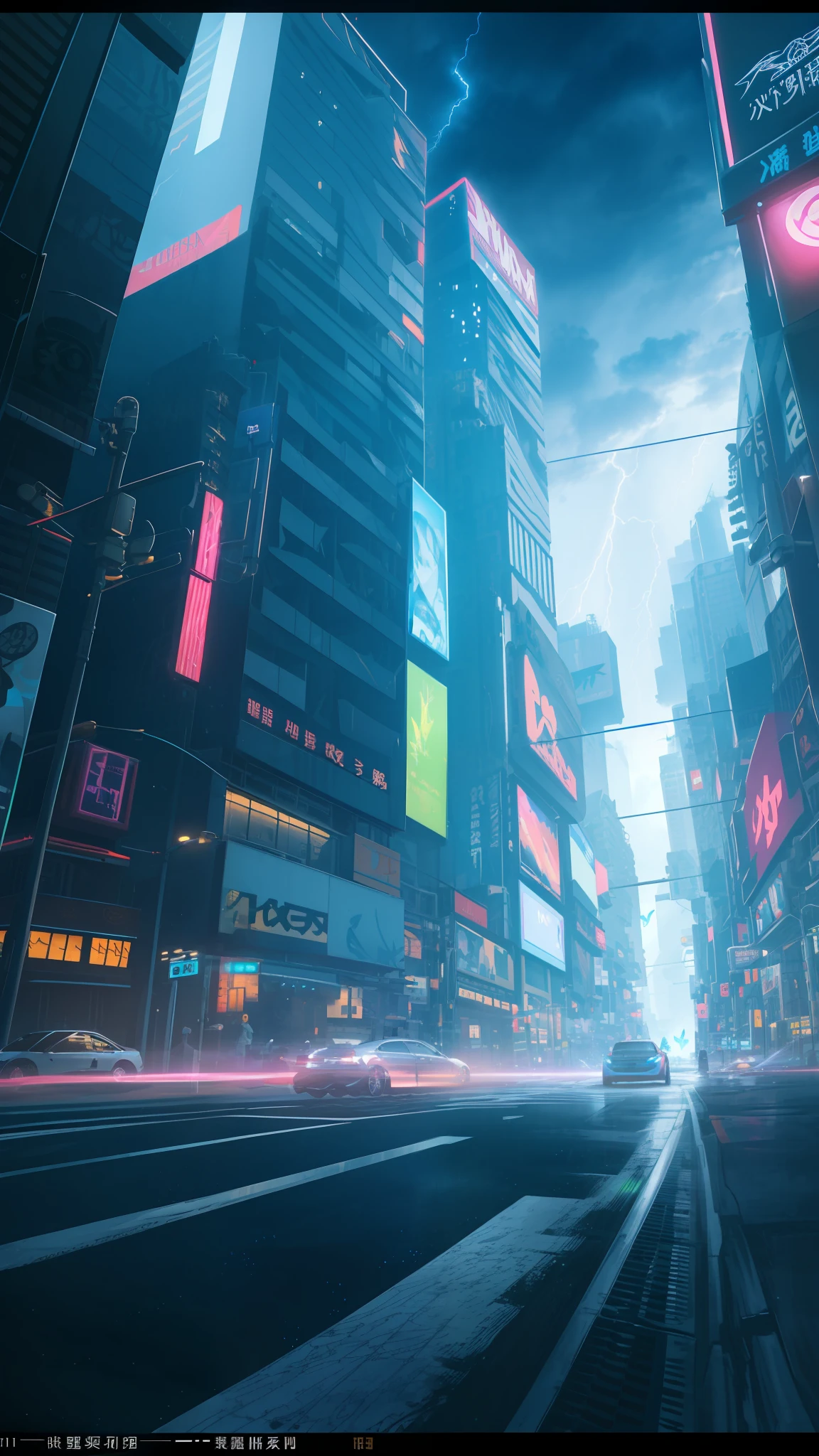 Landscape, highly detailed portrait of a street corner, in a lightning and cloudy storm, neon and cyberpunk background, a butterfly hovering near a street lamp, glowing, backlighting, masterpiece, best quality, intricate details, absurd, Color aberrations, depth of field, professional photography, soft lighting, tone mapping, highly detailed, sharp focus, dramatic lighting, intricate details, film, 8K, incredible shadows, realistic, (highly detailed backgrounds :1.0)