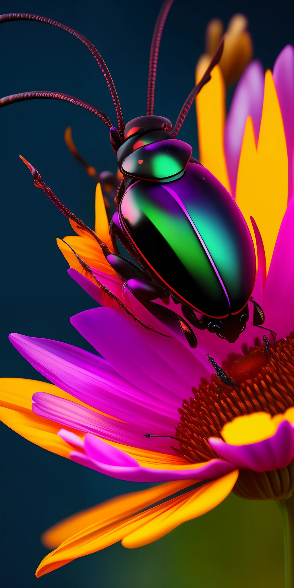 K Close-up of a full body, a beautiful beetle, colored, imaginary, glassy, above the nectar of flowers, with high quality details, saturated with colors, amid the darkness of a cinematic night. 8k 32k