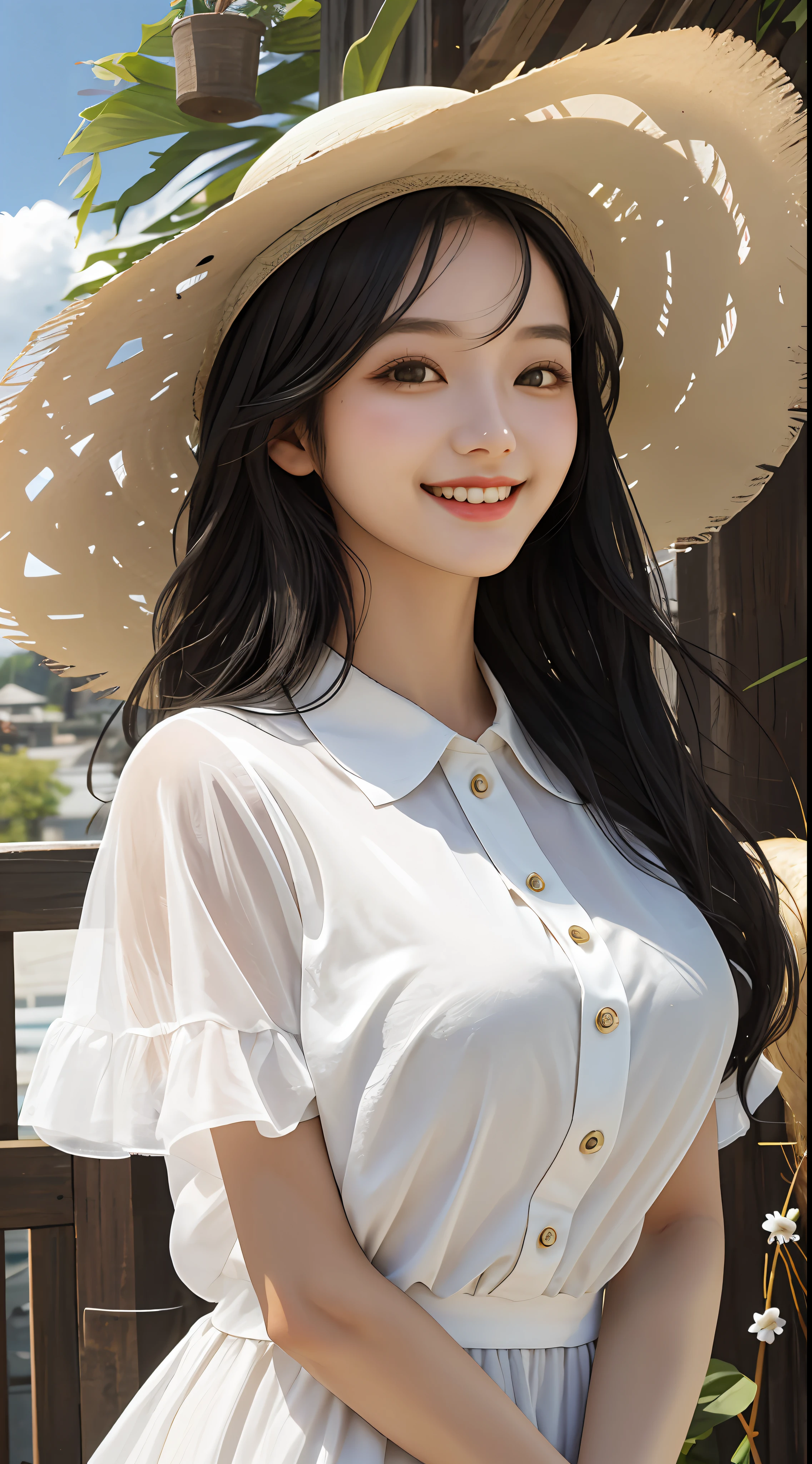 Girl, one, top quality, upper body, beautiful, cute, shiny, breast-large, black hair straight long hair, masterpiece, cat eyes, fair skin, strong sunlight, white dress, straw hat, smile,