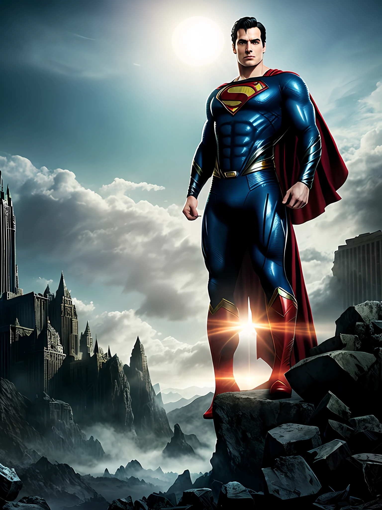 Superman from man of Steel stands imposing in a abandoned haunted lost city. Moonlight highlights your muscles and scars. The scenery is lush and mysterious, with dark city and surroundings. The camera details everything, a warrior woman, in front of him.