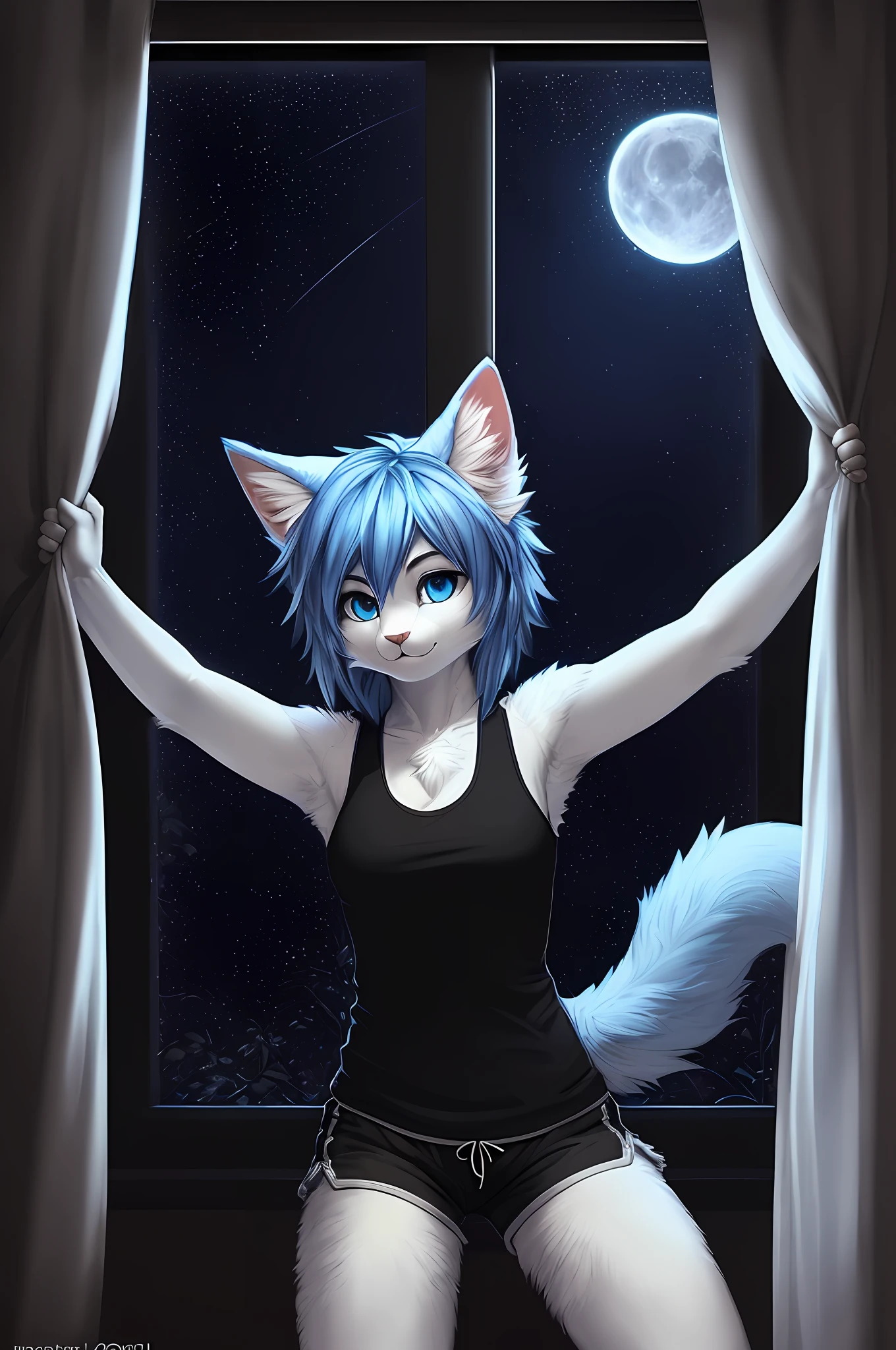 [Uploaded to e621.net; (Foxovh), (Pixelsketcher), (mayosplash], ((masterpiece)), ((nighttime lighting)), ((solo portrait)), ((furry; anthro cat girl)), ((detailed fur)), ((detailed shading)), ((beautiful render art)), {(anthro cat; white fur, short messy blue hair, blue thin but fluffy cat tail), black Tank top, black lounge shorts}, holding curtains, [background; (bedroom; dark room), ( big window; nighttime, full moon)]