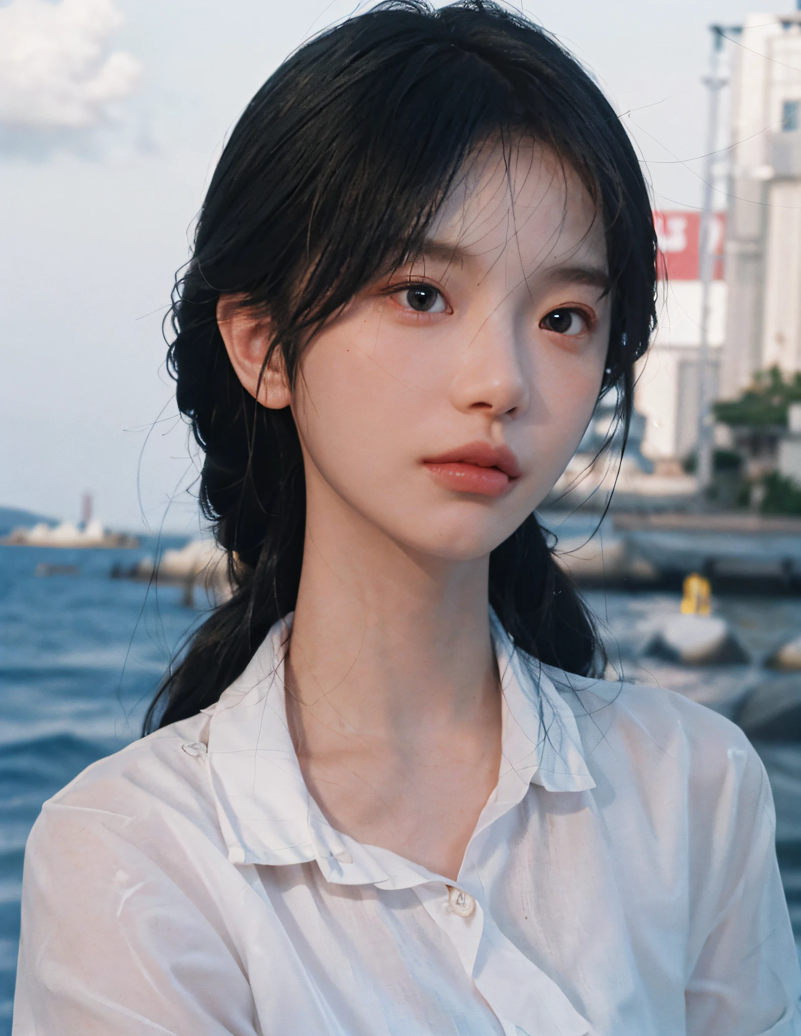 8k, RAW Photo, Best Quality, Masterpiece, High Detail RAW Color Photo, Professional Photo, (Realistic, Photorealistic Photorealism: 1.37), (High Detail Skin: 1.2), High Resolution, Beautiful Detailed Eyes, (Hard Focus: 1.4), (Clear Focus: 1.4), Realistic, (8K UHD:1.2), realistic high-quality shadows, loving lips, slender face, (wavy hair), semi-top knot, gray-blue braids, pink eye color, suggestive appearance, (extreme face close-up), pov, (((depth of field)), pale and shiny skin, nine-collar shirt, 30 years old, buruma, seawater, white clouds, background blur, lens flare, (vignetting: 0.8), dramatic lighting, cinematic lighting, backlighting, professional lighting, physically based rendering, ulzzang-6500-v1.1,pureerosface_v1。