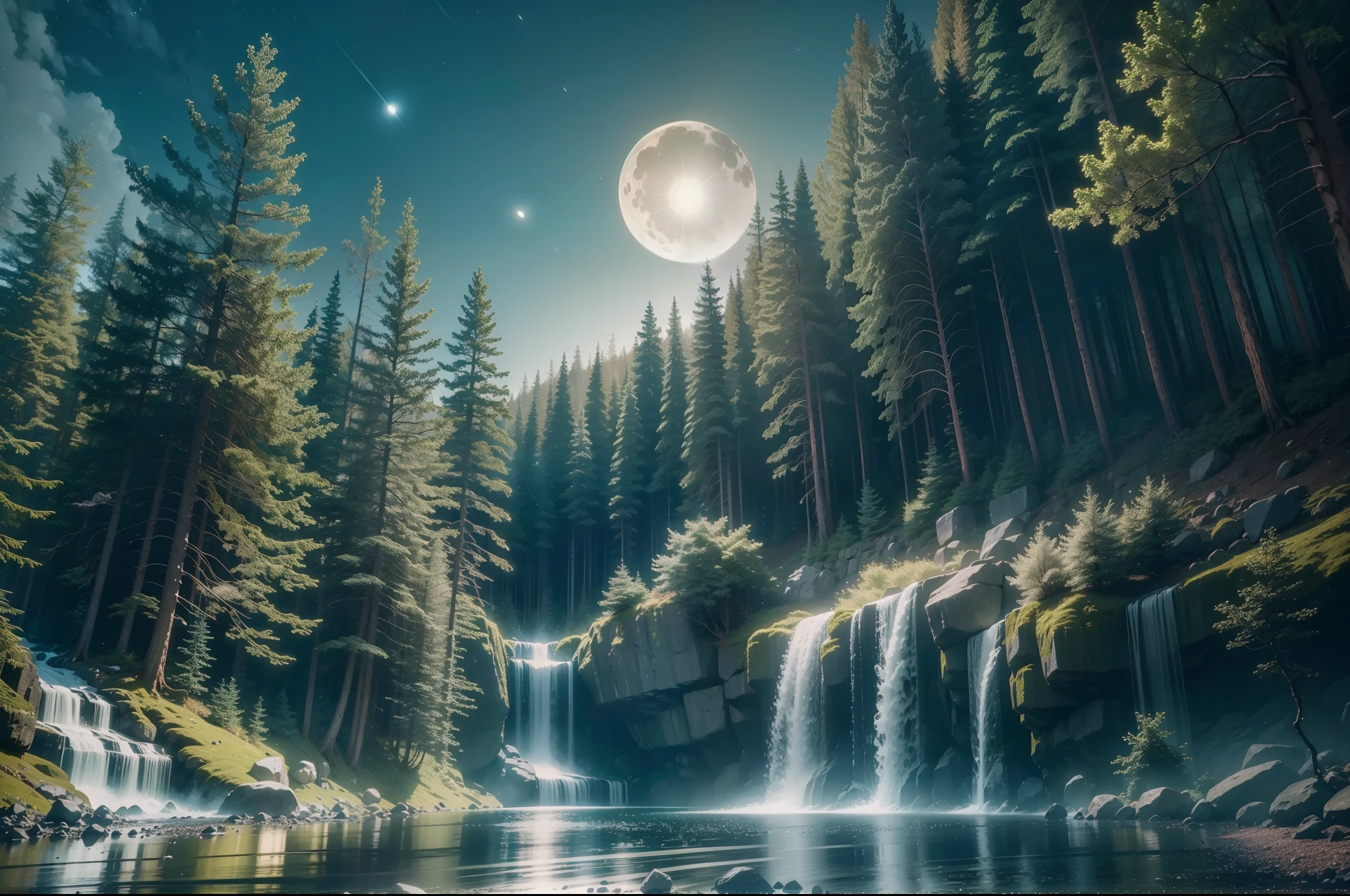 a beautiful forest on a moonlit night at the edge of a waterfall, 8k, uhd, severe low lighting, high quality, sharp focus, fujifilm XT3 --auto --s2