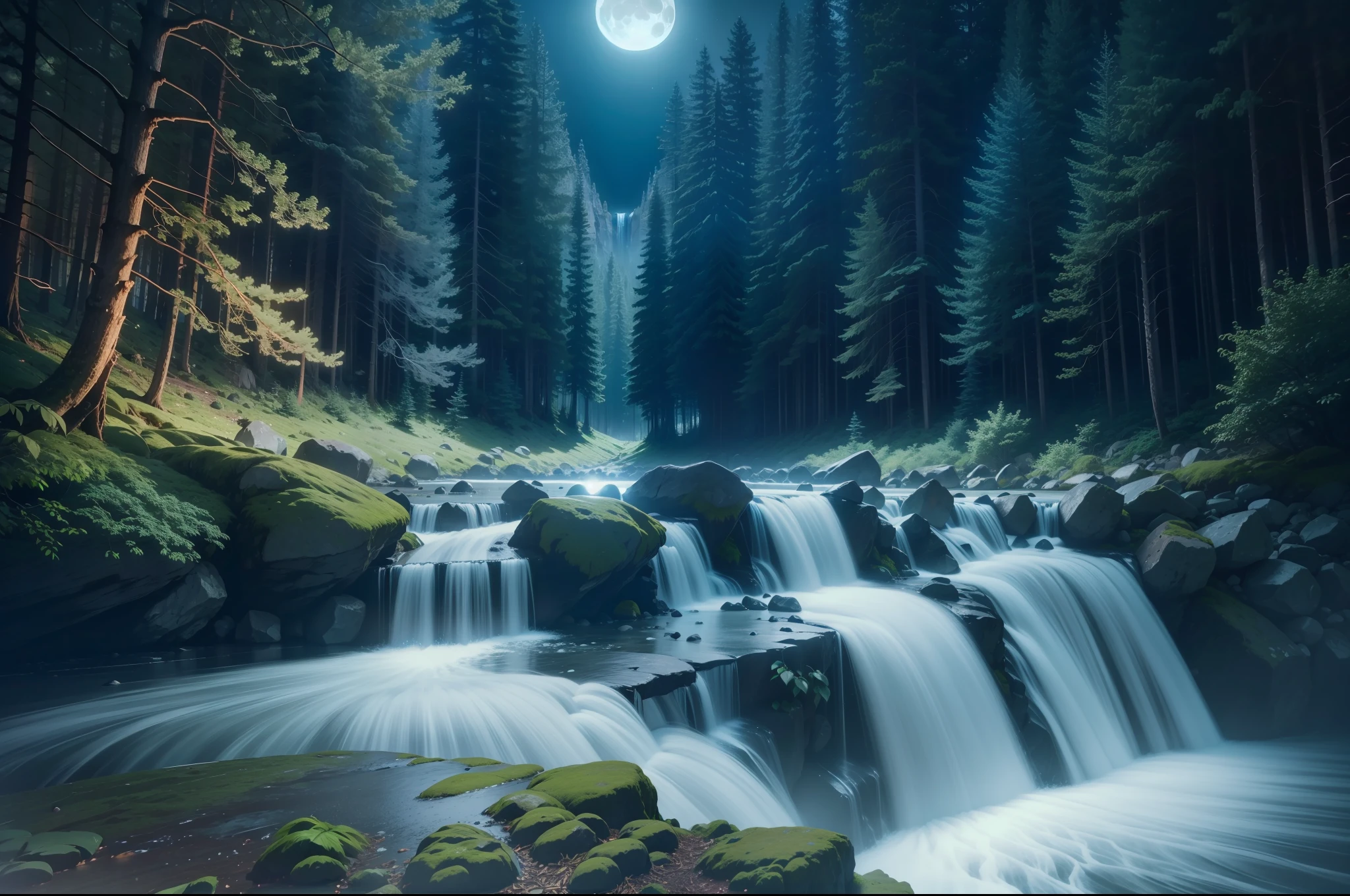 a beautiful forest on a moonlit night at the edge of a waterfall, 8k, uhd, severe low lighting, high quality, sharp focus, fujifilm XT3 --auto --s2