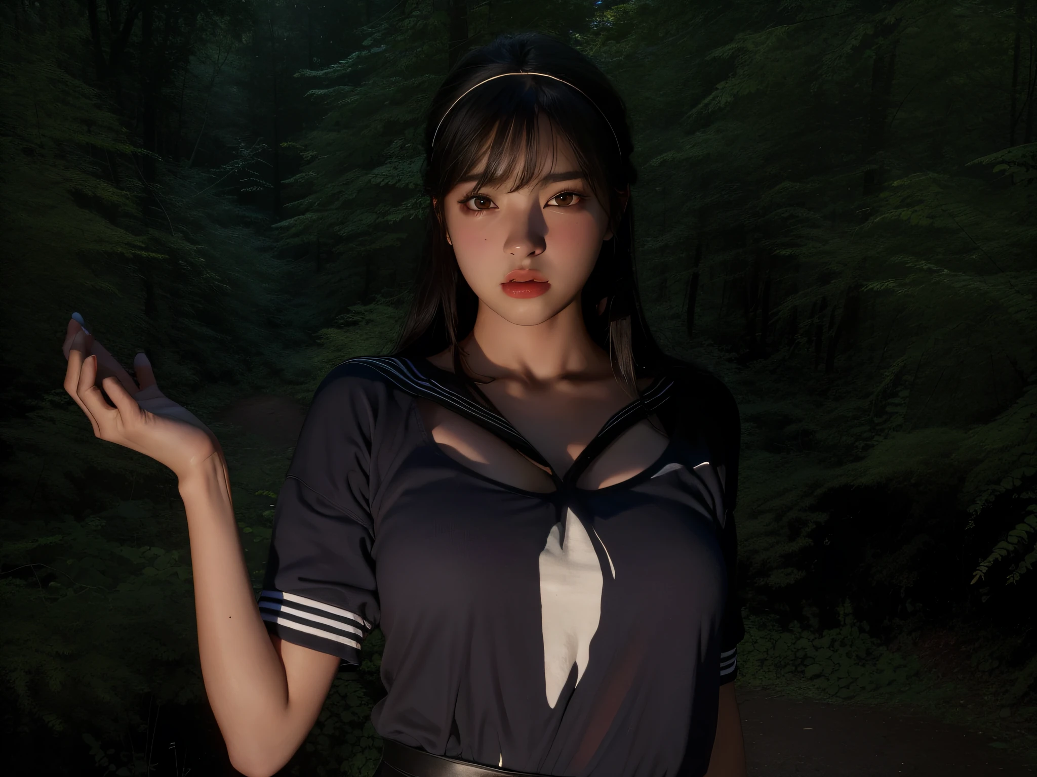 Best quality, masterpiece, ultra high res, (photorealistic:1.4), raw photo, 1girl, offshoulder, in the dark, deep shadow, low key, cold light