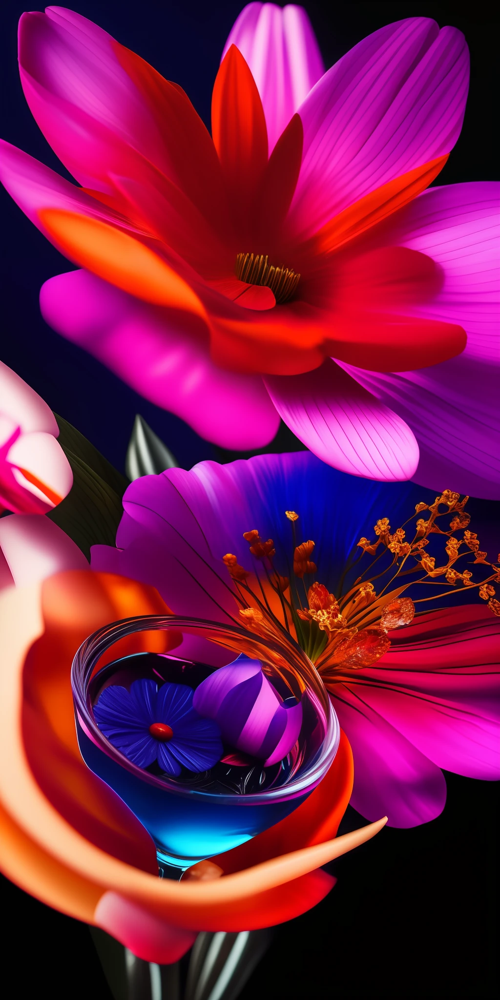 Close-up of a full body, fashion flower manicure, a glass fantasy, high-quality details saturated with color, amidst the darkness of a cinematic night