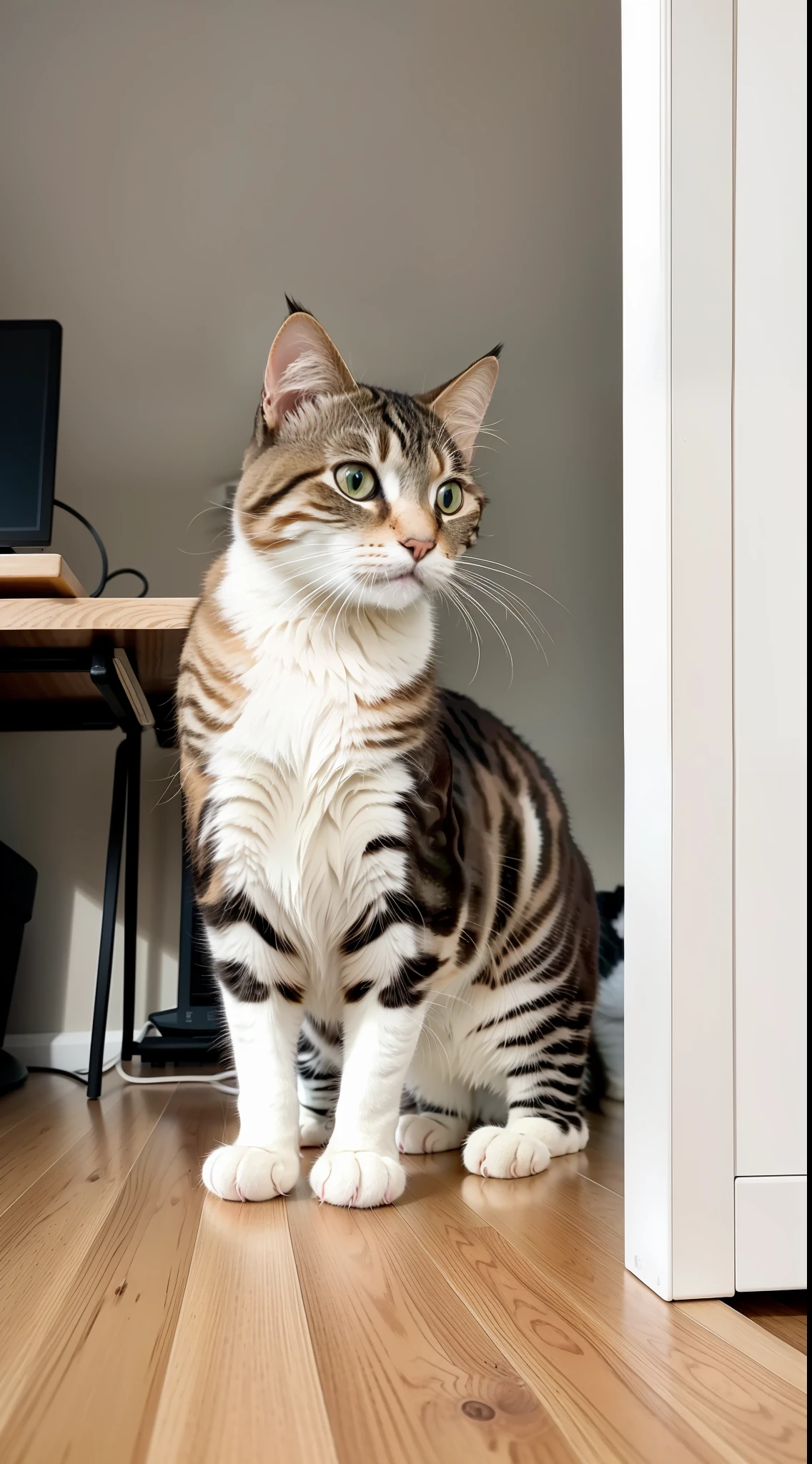 RAW photo, ridiculous, high quality, realism, portrait of a cat looking at the viewer, cute, interior, desk, photo realism, super fine, 50 mm, f1. 4, 8K UHD, film grain