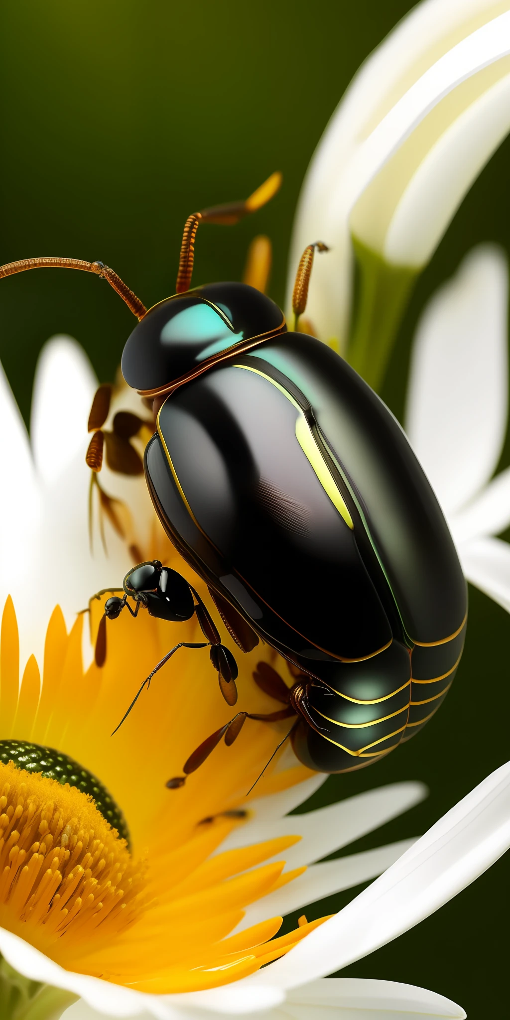 Close-up of a beautiful glass beetle's full body, fairy glass above the nectar of a white flower, in high quality cinematic detail
