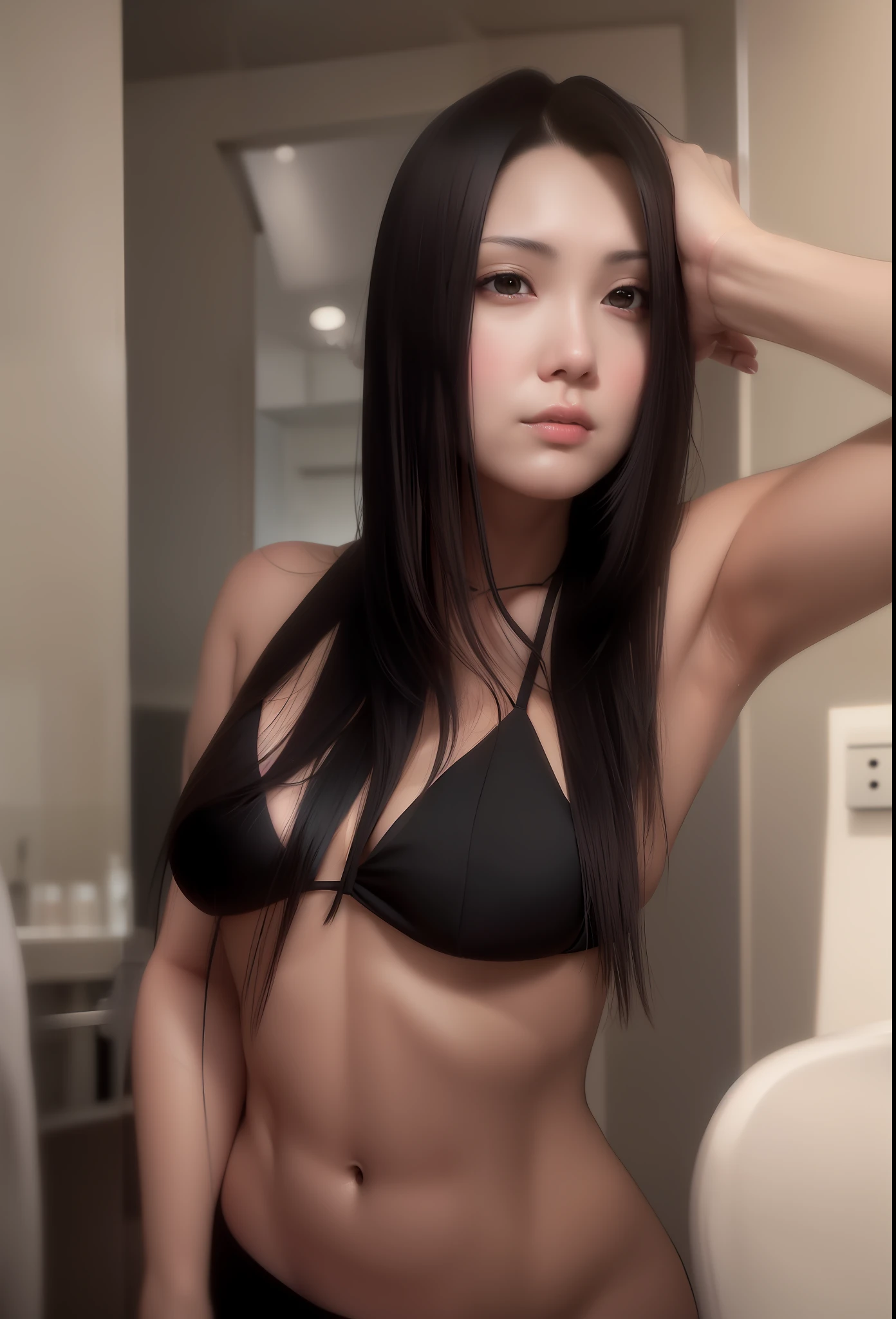 arafed woman in a black bikini posing in a bathroom, sui ishida with black hair, young skinny gravure idol, with straight black hair, mayuri shiina, with long black hair, young sensual gravure idol, kimi takemura, ayami, ai yazawa, young pretty gravure idol, japanese model, beautiful asian girl