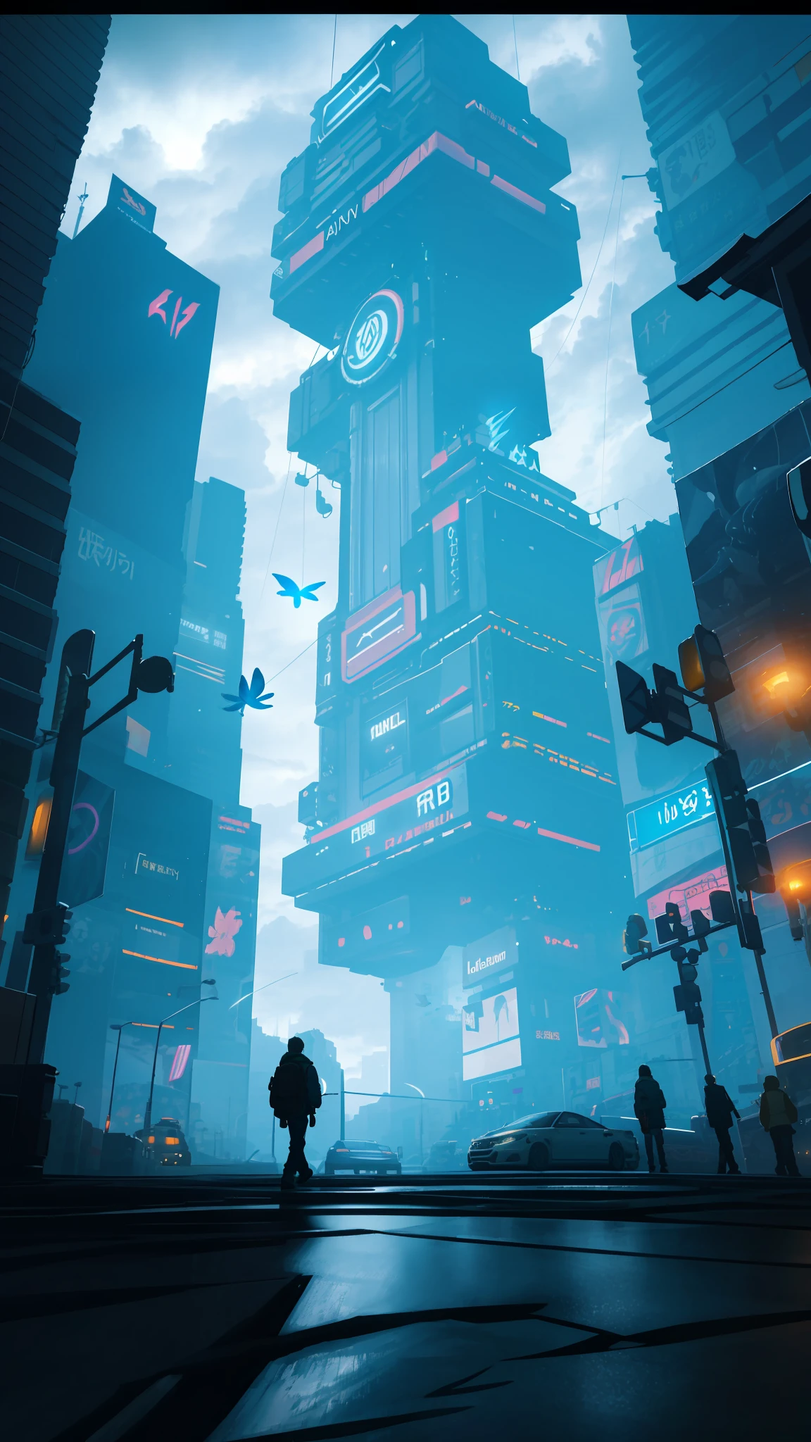 Landscape, highly detailed portrait of a street corner, in a lightning and cloudy storm, neon and cyberpunk background, a butterfly hovering near a street lamp, glowing, backlighting, masterpiece, best quality, intricate details, absurd, Color aberrations, depth of field, professional photography, soft lighting, tone mapping, highly detailed, sharp focus, dramatic lighting, intricate details, film, 8K, incredible shadows, realistic, (highly detailed backgrounds :1.0)