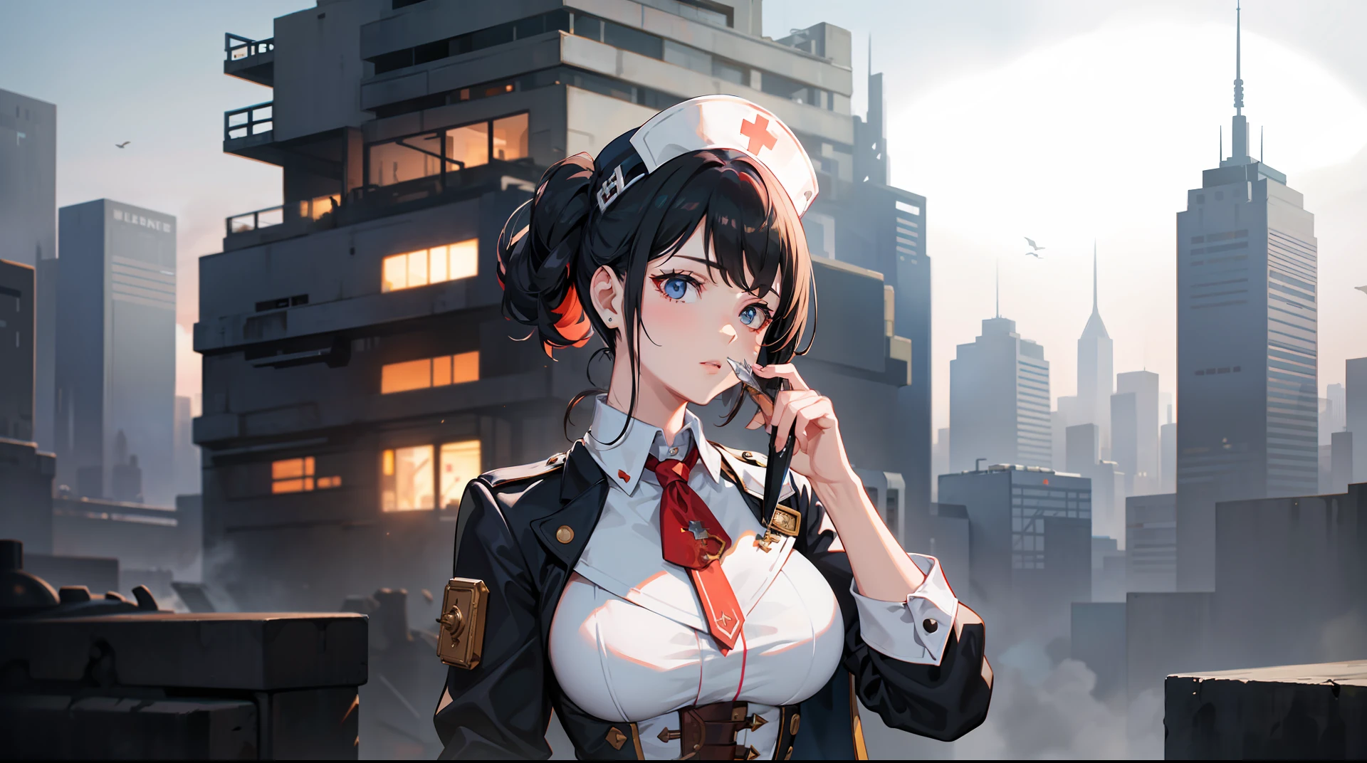 A lady in a nurse's outfit, holding a knife in each hand, diagonal composition, brutal, broken, high detail, high quality, high resolution, textured, irregular, steampunk city, mystery fantasy, super wide angle