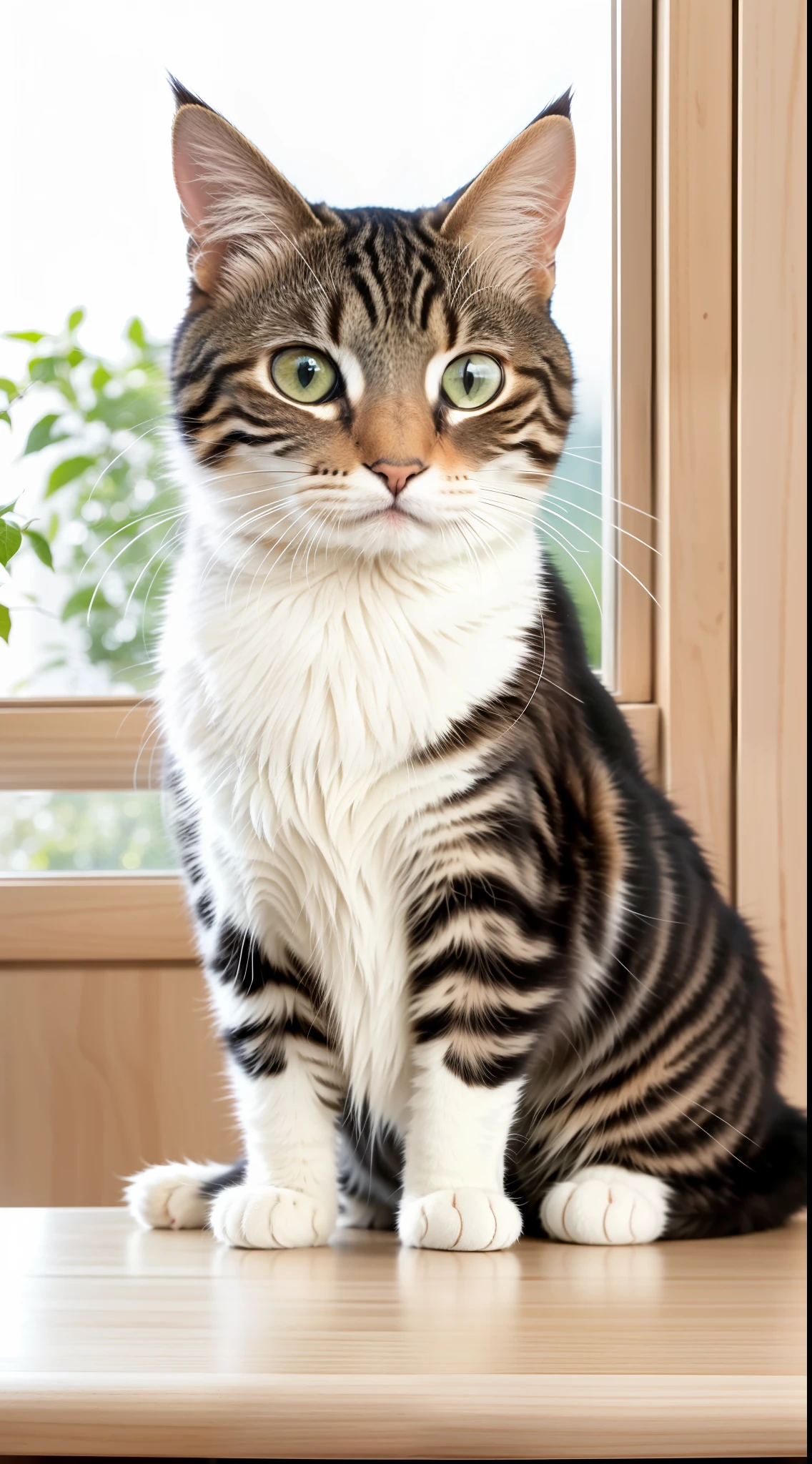 RAW photo, ridiculous, high quality, realism, portrait of a cat looking at the viewer, cute, interior, desk, photo realism, super fine, 50 mm, f1. 4, 8K UHD, film grain