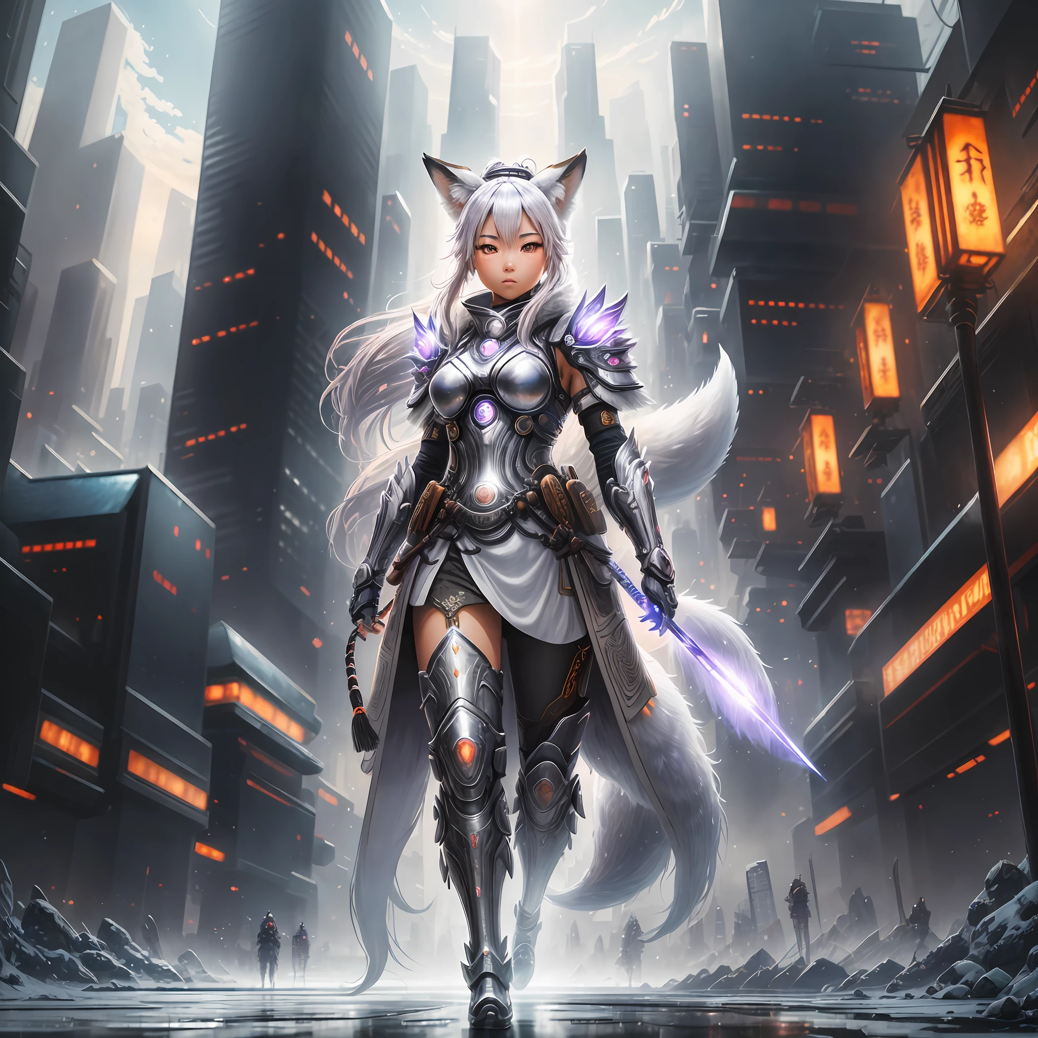 A detailed realistic image, the light rises from the luar.de a fox-like Asian girl with nine syrups with an ice aura wearing samurai-style cybernetic armor in a futuristic city based on traditional constructions. --auto --s2