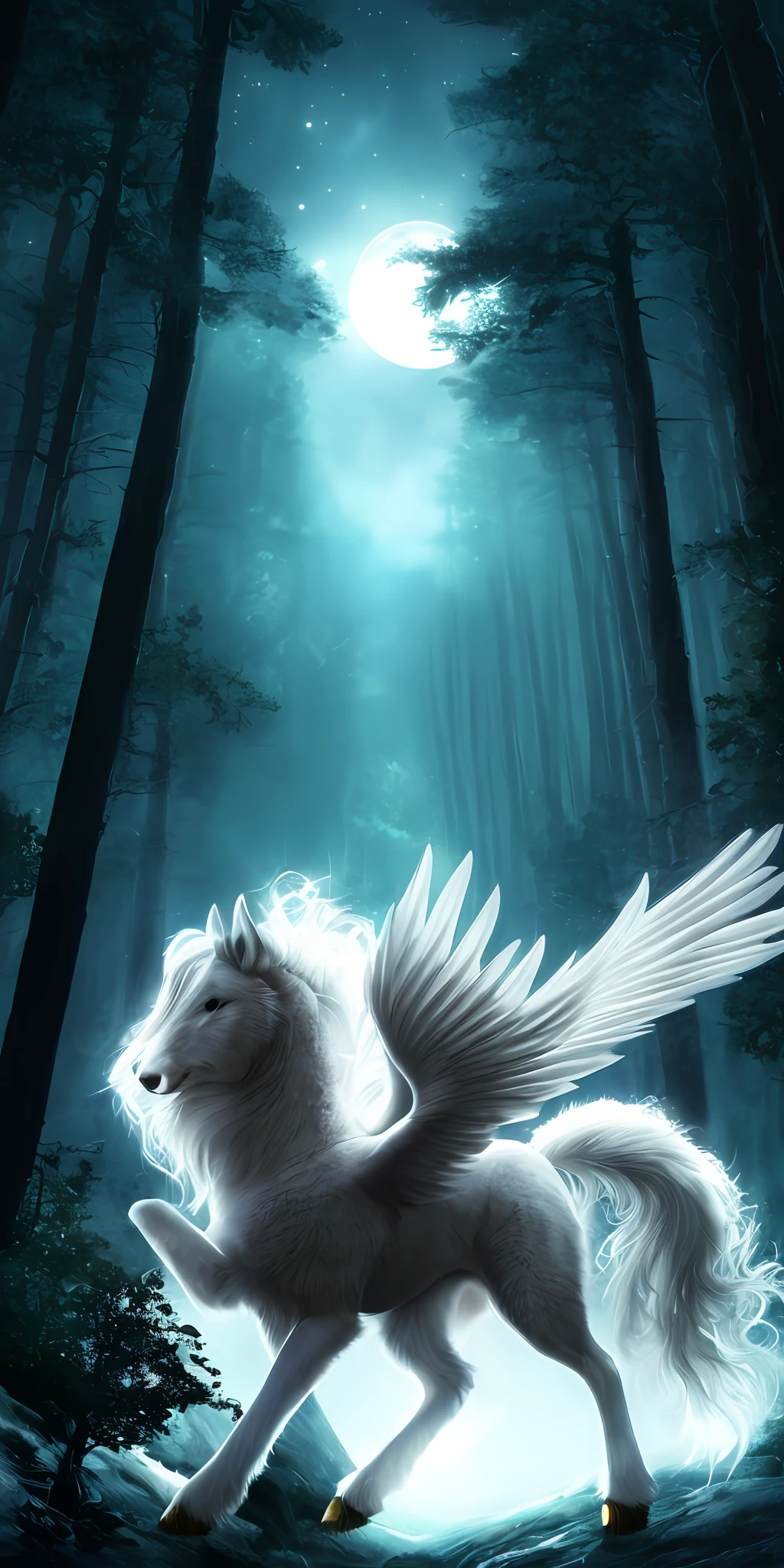 white pegasus, furry, high resolution, four legs, hooves, white body, white fur, detail, detailed fur, fluffy fur, two wings, (flying), detailed background, forest, night, moonlight, mystery, wallpaper