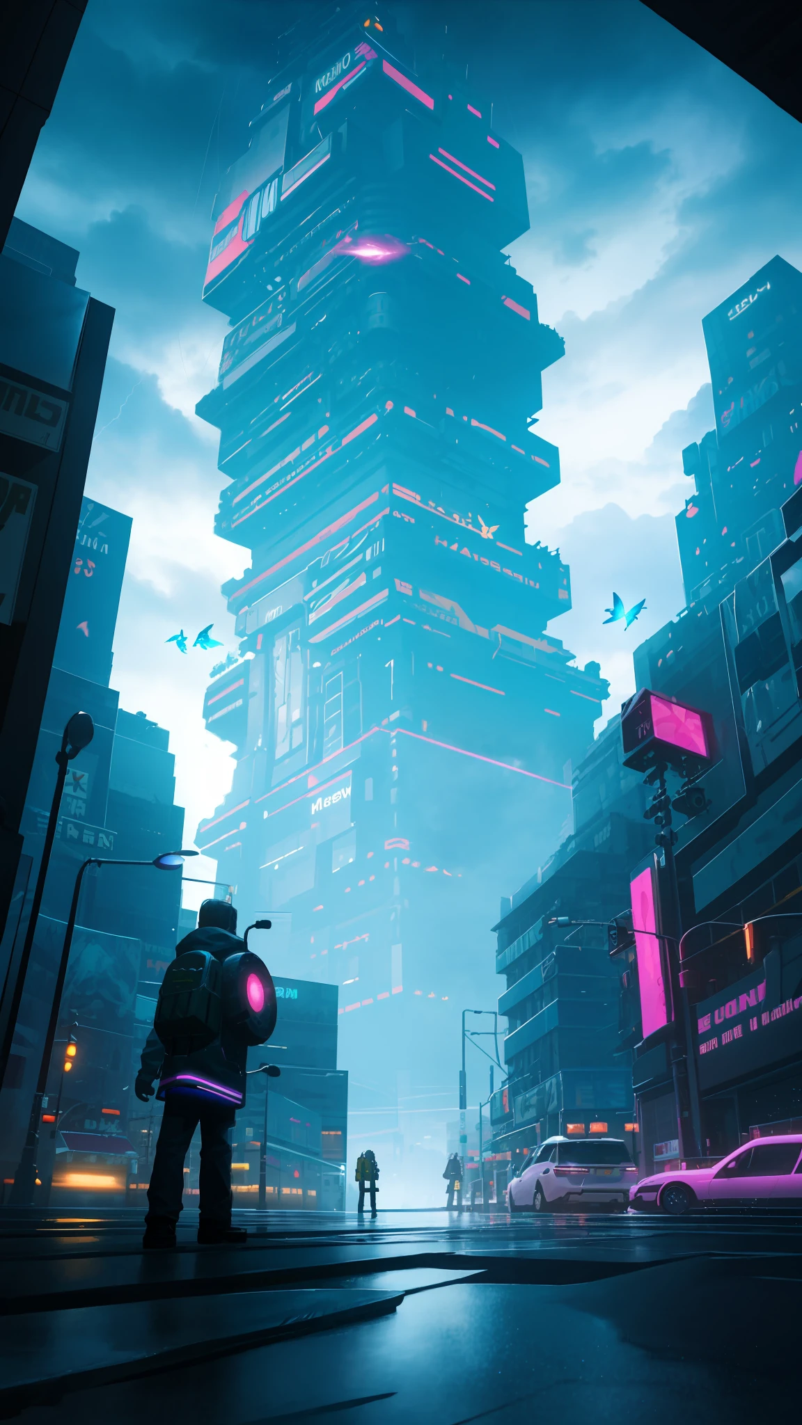 Landscape, highly detailed portrait of a street corner, in a lightning and cloudy storm, neon and cyberpunk background, a butterfly hovering near a street lamp, glowing, backlighting, masterpiece, best quality, intricate details, absurd, Color aberrations, depth of field, professional photography, soft lighting, tone mapping, highly detailed, sharp focus, dramatic lighting, intricate details, film, 8K, incredible shadows, realistic, (highly detailed backgrounds :1.0)