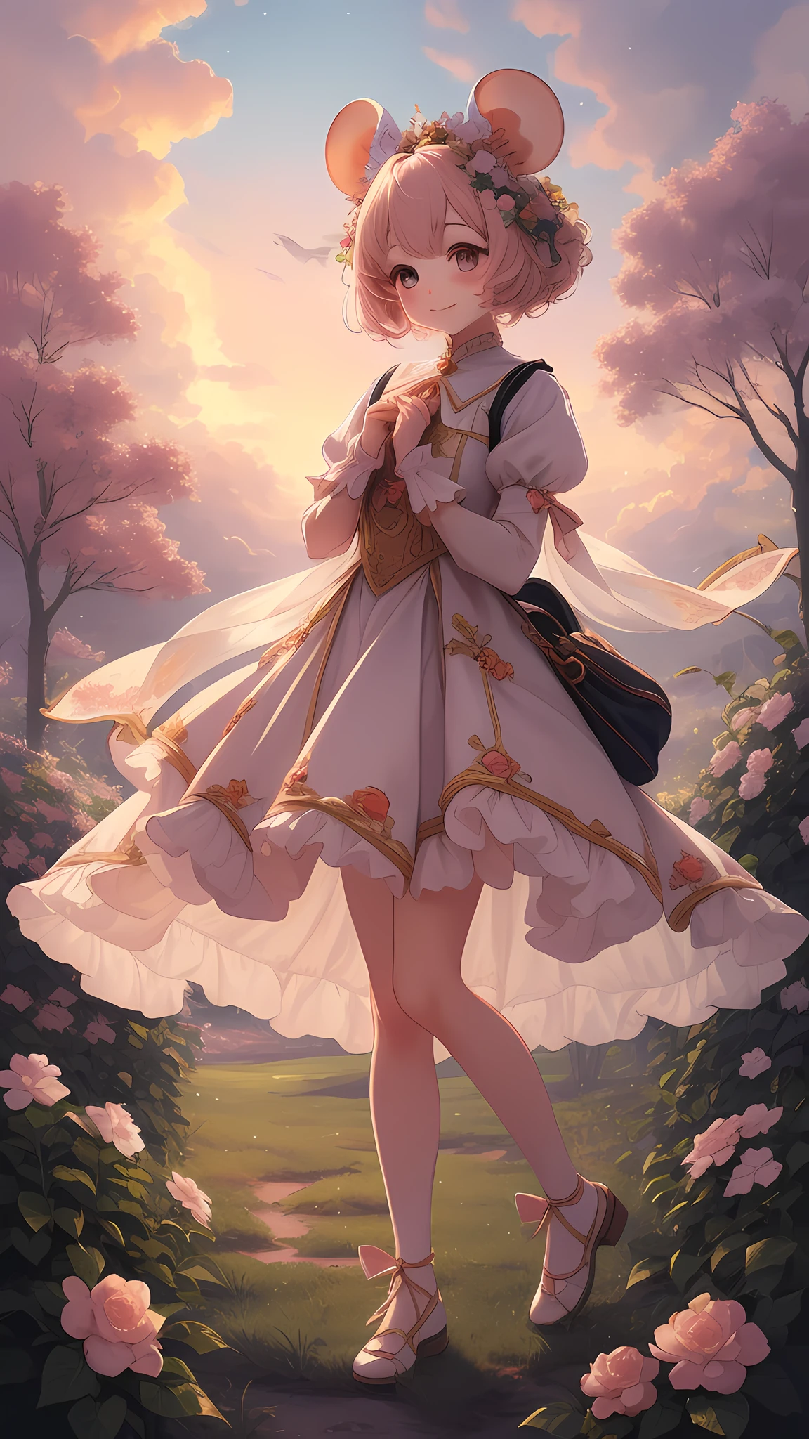 Mouse delicate cute girl, fluffy, soft ((best quality)), ((masterpiece)), ( extreme detail, highest detail, official art, beauty and aesthetics: 1.2), lens stretch, composition, full body, (beautiful and detailed eyes: 1.3), dressed in kawaii costume, (very happy: 1), background bushes, dusk, burning clouds, birds