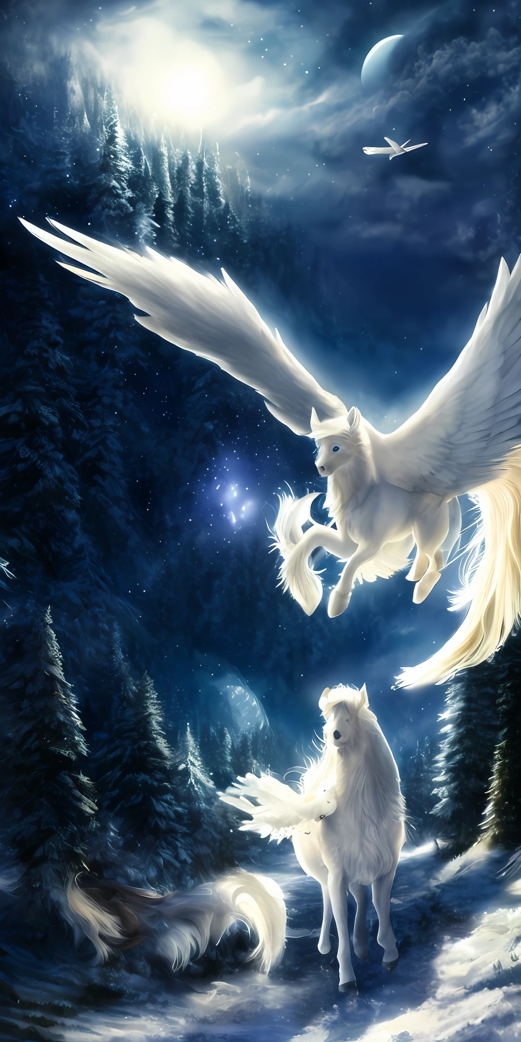 white pegasus, furry, high resolution, four legs, hooves, white body, white fur, detail, detailed fur, fluffy fur, two wings, (flying), detailed background, forest, night, moonlight, mystery, wallpaper