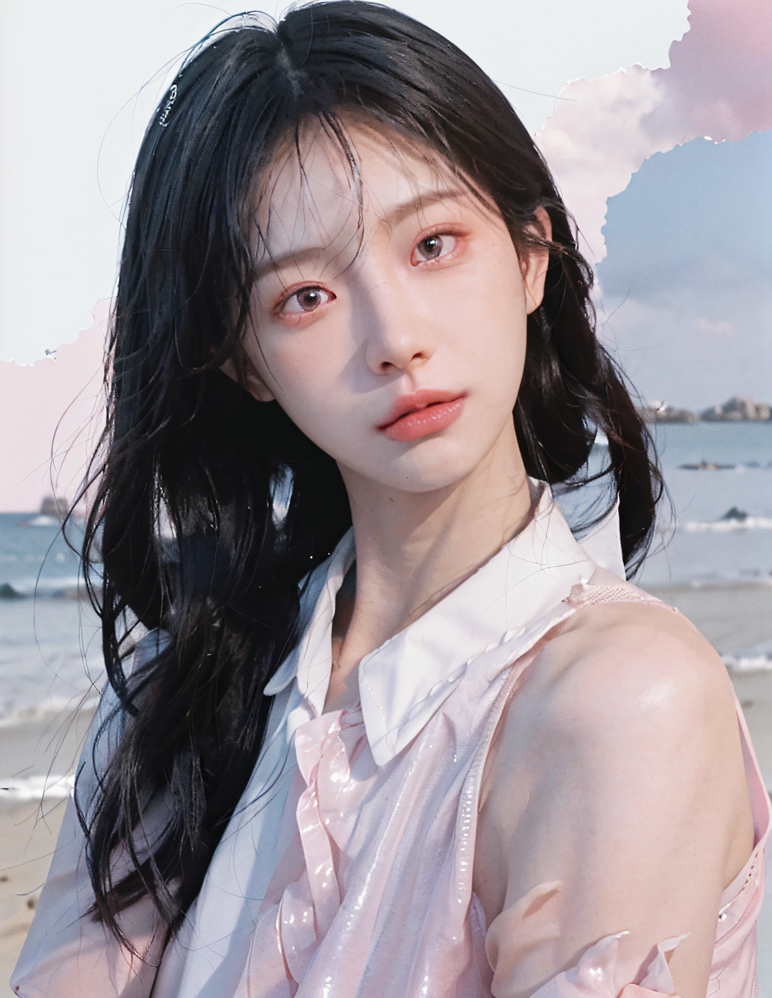 8k, RAW Photo, Best Quality, Masterpiece, High Detail RAW Color Photo, Professional Photo, (Realistic, Photorealism: 1.37), (High Detail Skin: 1.2), High Resolution, Beautiful Detailed Eyes, (Hard Focus: 1.4), (Clear Focus: 1.4), Realistic, (8K UHD: 1.2), Realistic High Quality Shadows, Pink Lips, Slender Face, (Wavy Hair), Half Top Knot, Gray-Blue Braid, Pink Eye Color, Suggestive Appearance, (extreme face close-up) , pov, ((((depth of field)), pale and shiny skin, nine-collar shirt, 30 years old, buruma, clear water, layers of white clouds, background blur, lens flare, (vignetting: 0.8), dramatic lighting, cinematic lighting, backlighting, professional lighting, physically based rendering, ulzzang-6500-v1.1, pureerosface_v1.