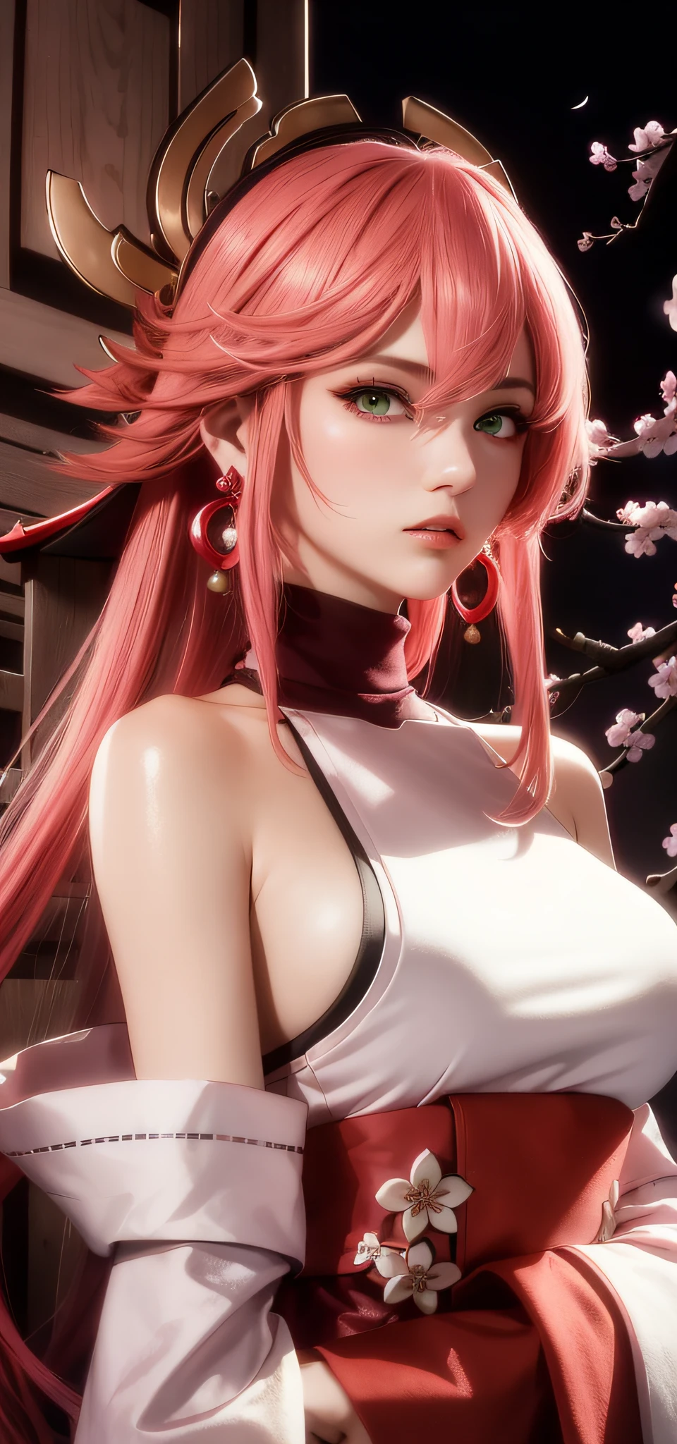 (Masterpiece, Excellent, 1girl, solo, complex details, color difference), realism, ((medium breath)), off-the-shoulders, big breasts, sexy, Yae Miko, long pink hair, red headdress, red highlight, hair above one eye, green eyes, earrings, sharp eyes, perfectly symmetrical figure, choker, neon shirt, open jacket, turtleneck sweater, against the wall, brick wall, graffiti, dim lighting, alley, looking at the audience, ((mean, seductive, charming)), ((cherry blossom background ))),((Japanese temple background)))), (((Glow-in-the-dark background)))