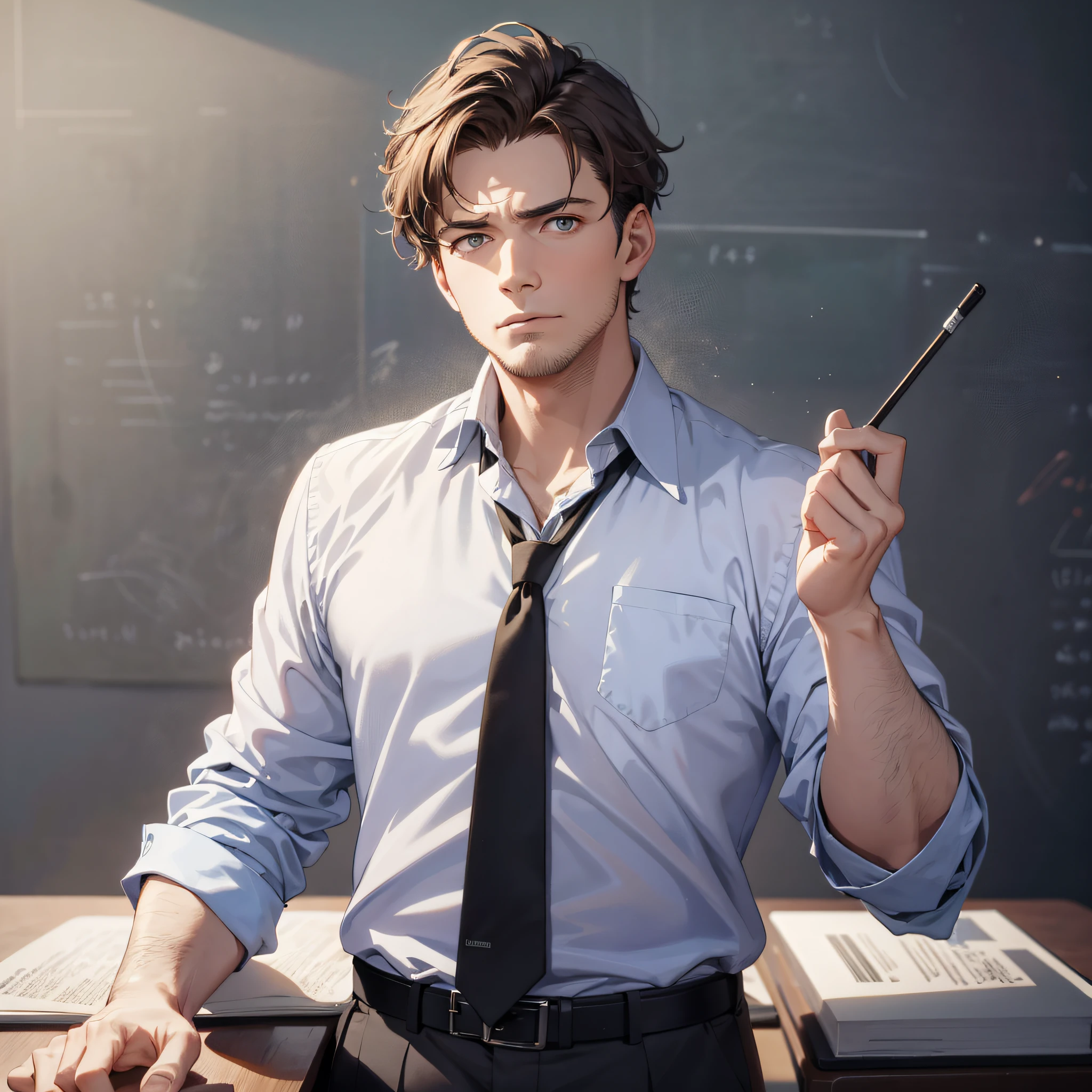 Absurd resolution, high resolution, (masterpiece: 1.4), hyperdetail, 1boy, middle-aged man, brunette man, teacher dressed up, classroom, upper body display, electronic large screen, lecture, serious expression, standing