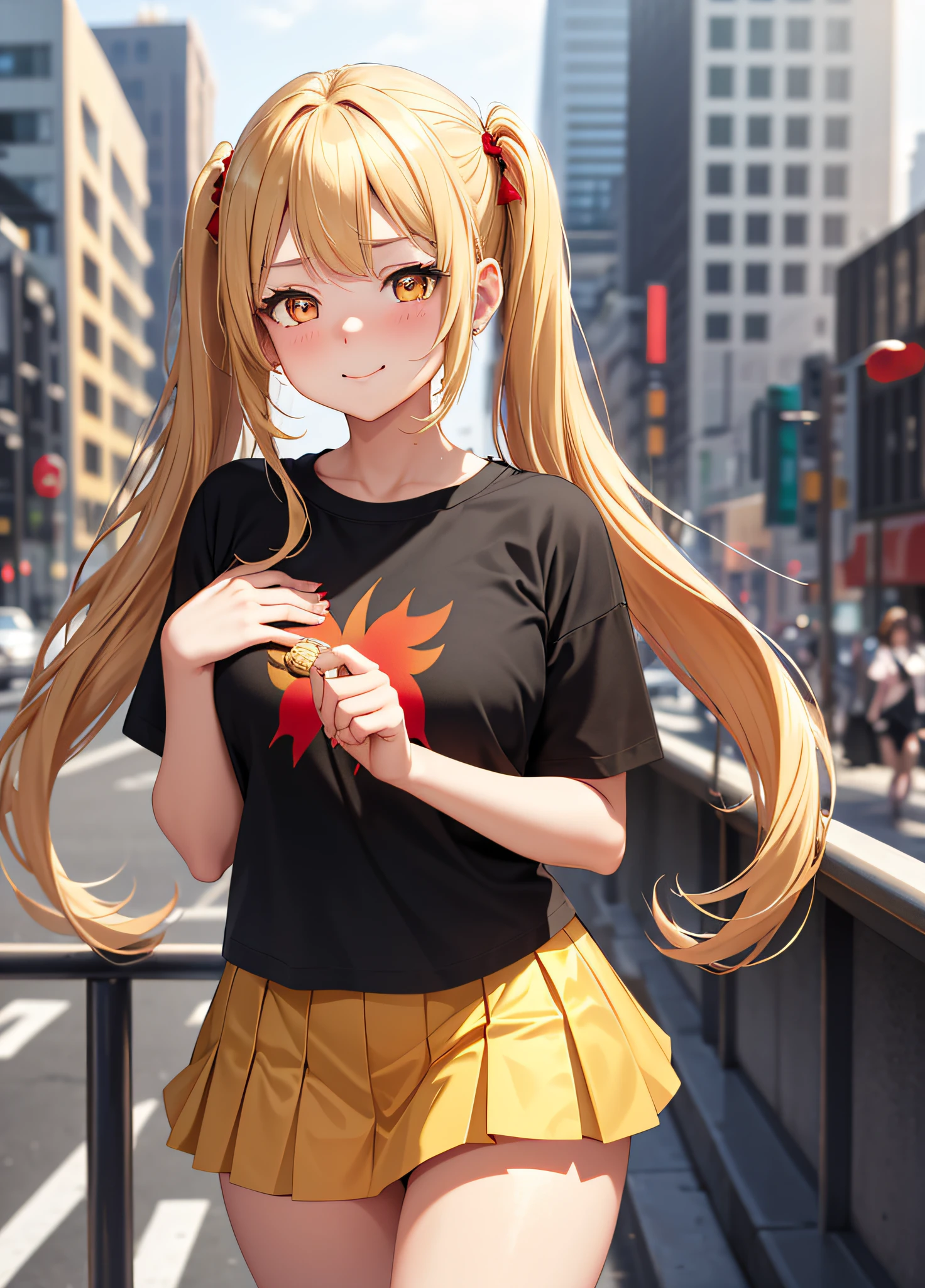 Masterpiece, Top Quality, 1girl, (Young Woman), Solo, Blonde Twin Tails, Big, Thighs, (((Golden Eyes)), Fluttering Skirt, Black T-Shirt, Happy, (Shy), ((Red Cheeks)), (Dating in the City)