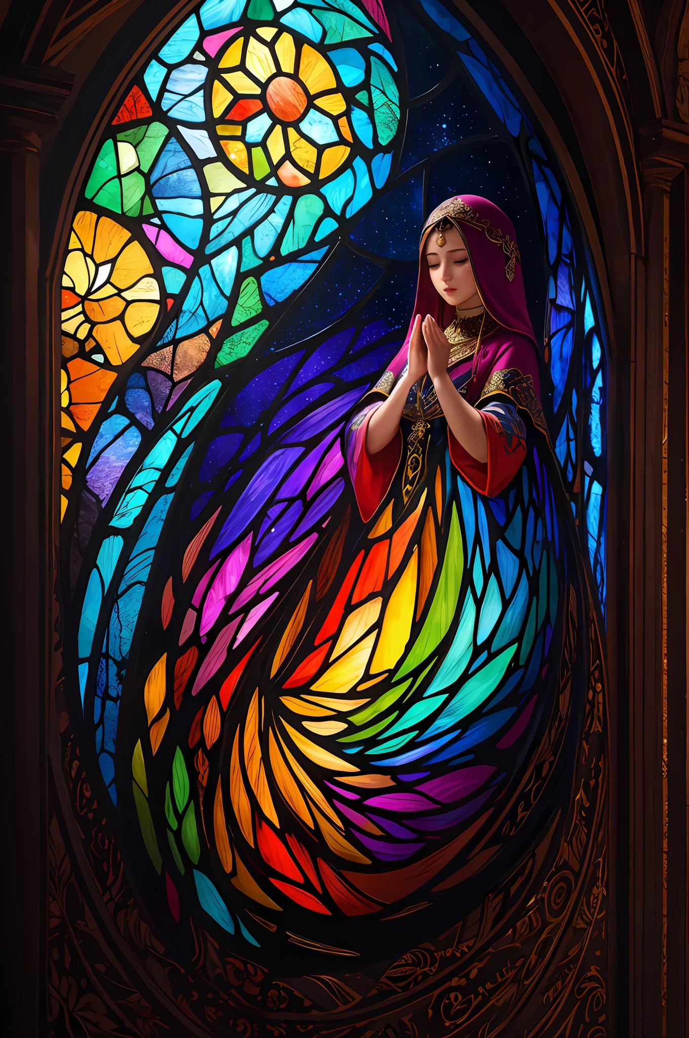 (Masterpiece, Top Quality, Best Quality, Official Art, Beautiful and Aesthetic: 1.2), (Praying Girl: 1.3), BREAK Stained Glass Art, Colored Glass, Lead Line, Light Transmittance BREAK Vivid Colors, Intricate Design, Luminous Effect, Spiritual Atmosphere, (Hands Together, Fingers 4 Each)