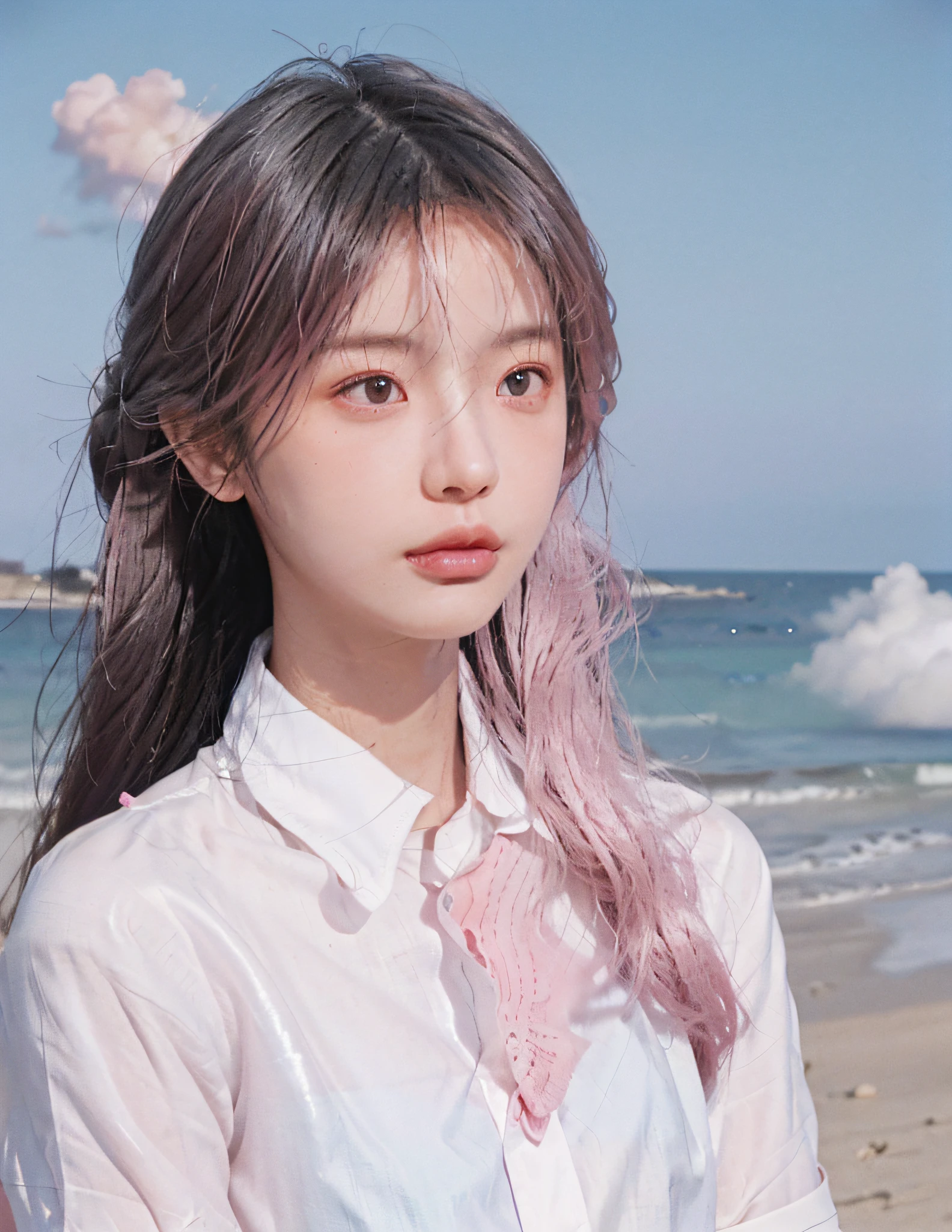 8k, RAW Photo, Best Quality, Masterpiece, High Detail RAW Color Photo, Professional Photo, (Realistic, Photorealism: 1.37), (High Detail Skin: 1.2), High Resolution, Beautiful Detailed Eyes, (Hard Focus: 1.4), (Clear Focus: 1.4), Realistic, (8K UHD: 1.2), Realistic High Quality Shadows, Pink Lips, Slender Face, (Wavy Hair), Half Top Knot, Gray-Blue Braid, Pink Eye Color, Suggestive Appearance, (extreme face close-up) , pov, ((((depth of field)), pale and shiny skin, nine-collar shirt, 30 years old, buruma, clear water, layers of white clouds, background blur, lens flare, (vignetting: 0.8), dramatic lighting, cinematic lighting, backlighting, professional lighting, physically based rendering, ulzzang-6500-v1.1, pureerosface_v1.