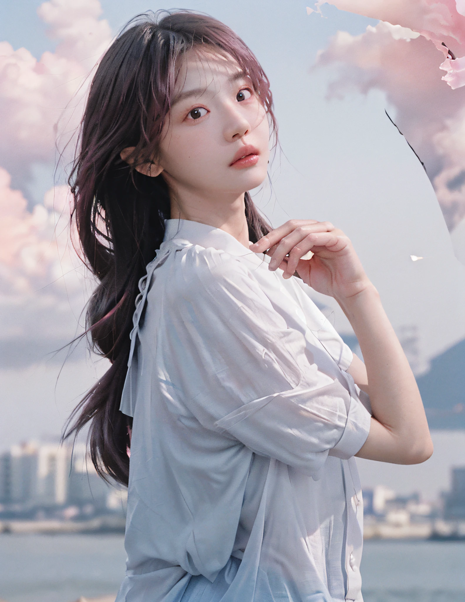 8k, RAW Photo, Best Quality, Masterpiece, High Detail RAW Color Photo, Professional Photo, (Realistic, Photorealism: 1.37), (High Detail Skin: 1.2), High Resolution, Beautiful Detailed Eyes, (Hard Focus: 1.4), (Clear Focus: 1.4), Realistic, (8K UHD: 1.2), Realistic High Quality Shadows, Pink Lips, Slender Face, (Wavy Hair), Half Top Knot, Gray-Blue Braid, Pink Eye Color, Suggestive Appearance, (extreme face close-up) , pov, ((((depth of field)), pale and shiny skin, nine-collar shirt, 30 years old, buruma, clear water, layers of white clouds, background blur, lens flare, (vignetting: 0.8), dramatic lighting, cinematic lighting, backlighting, professional lighting, physically based rendering, ulzzang-6500-v1.1, pureerosface_v1.