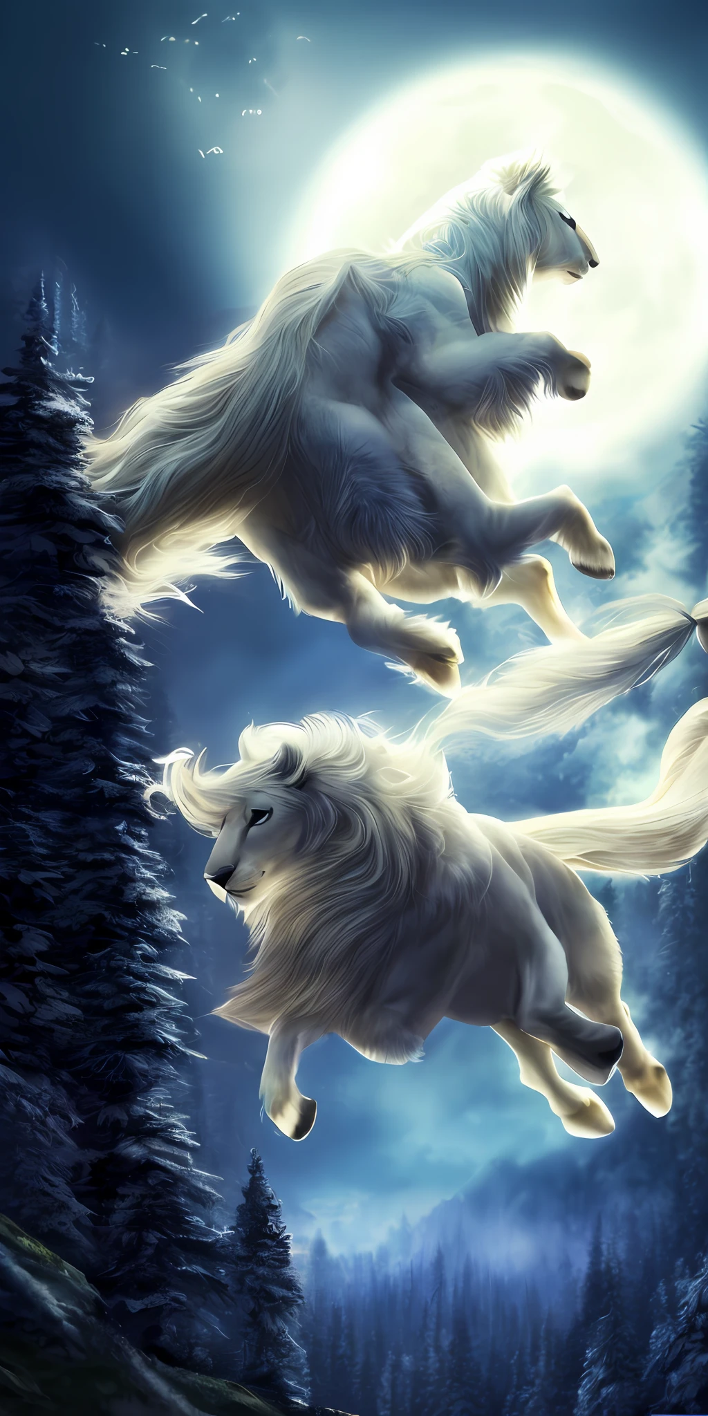 white lion, furry, high resolution, four legs, hooves, white body, white fur, detail, detailed fur, fluffy fur, two wings, (flying), detailed background, forest, night, moonlight, mystery, wallpaper