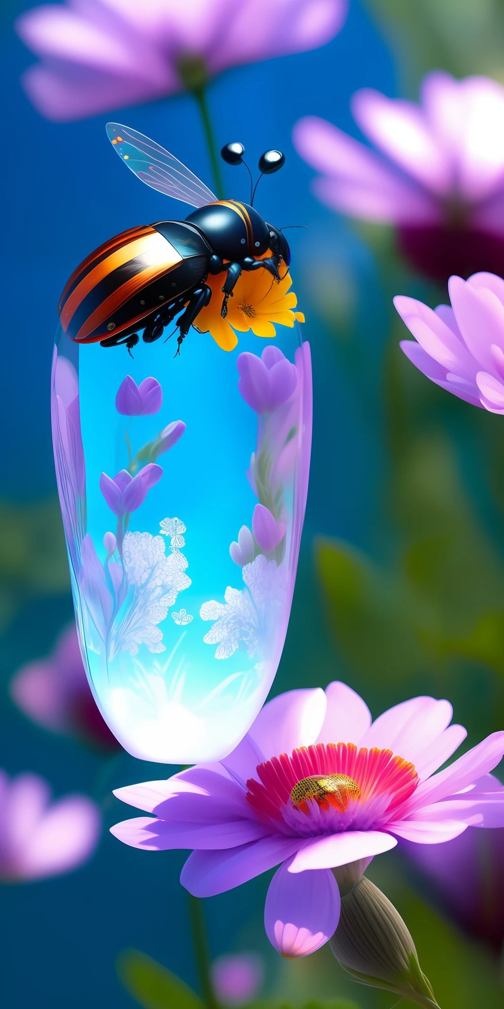 Close-up of a beautiful full body beetle of glass fairy glass above the nectar of a blue flower among the flowers. High quality cinematic detail