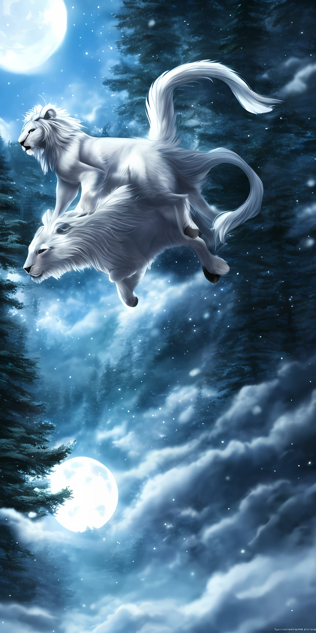 white lion, furry, high resolution, four legs, hooves, white body, white fur, detail, detailed fur, fluffy fur, two wings, (flying), detailed background, forest, night, moonlight, mystery, wallpaper