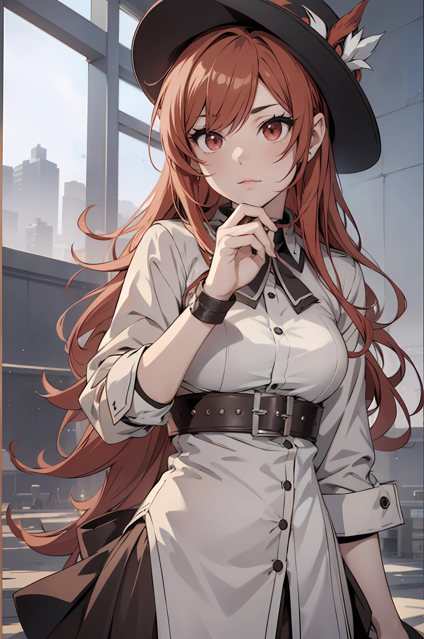 anime girl with red hair and a white shirt and a black hat, ayaka genshin impact, female protagonist 👀 :8, cushart krenz key art feminine, ayaka game genshin impact, from arknights, portrait of a female anime hero, rin, rias gremory, marin kitagawa fanart, from girls frontline, female anime character