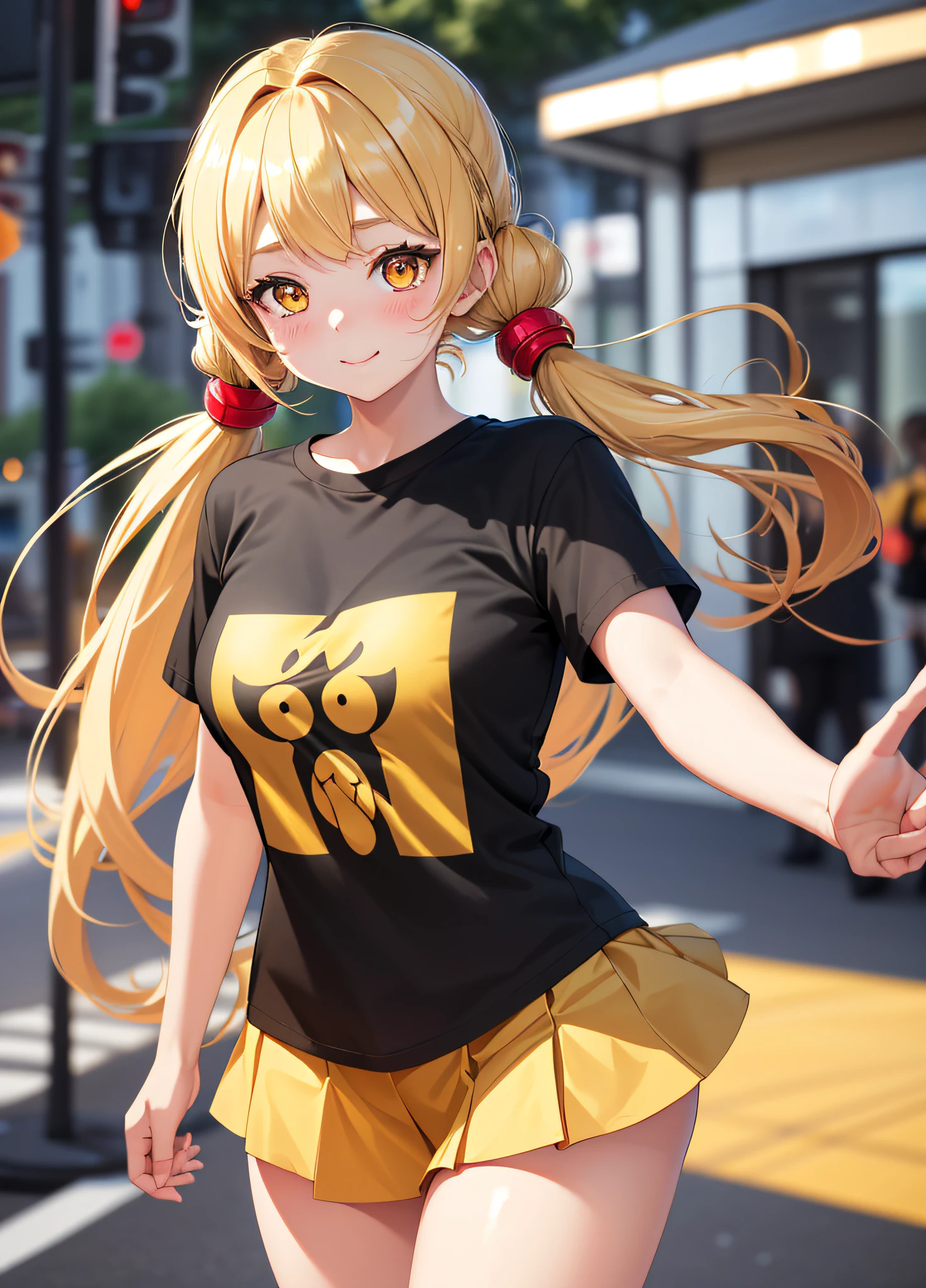 Masterpiece, Top Quality, 1girl, (Young Woman), Solo, Blonde Twin Tails, Big, Thighs, (((Golden Eyes)), Fluttering Yellow Mini Skirt, Black T-Shirt, Happy, (Embarrassing), ((Red Cheeks)), (Date in the City)